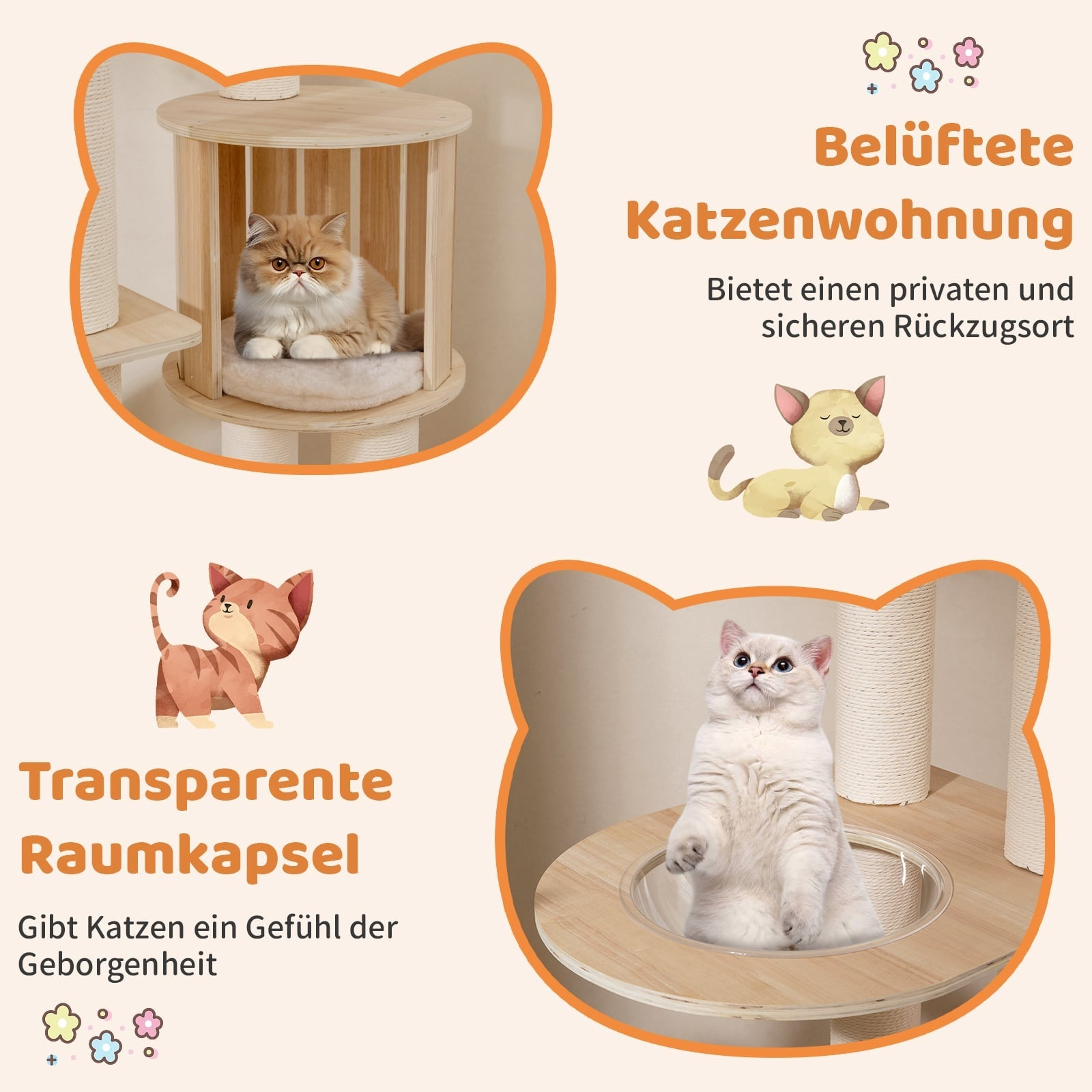 A cat tree with three levels, three cats, and text.