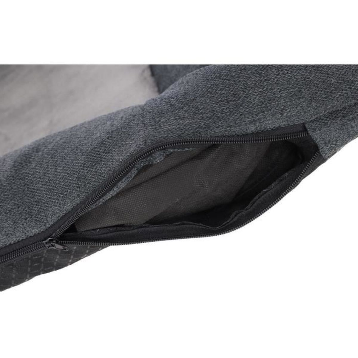 A gray fabric bag with an open zipper revealing the interior.