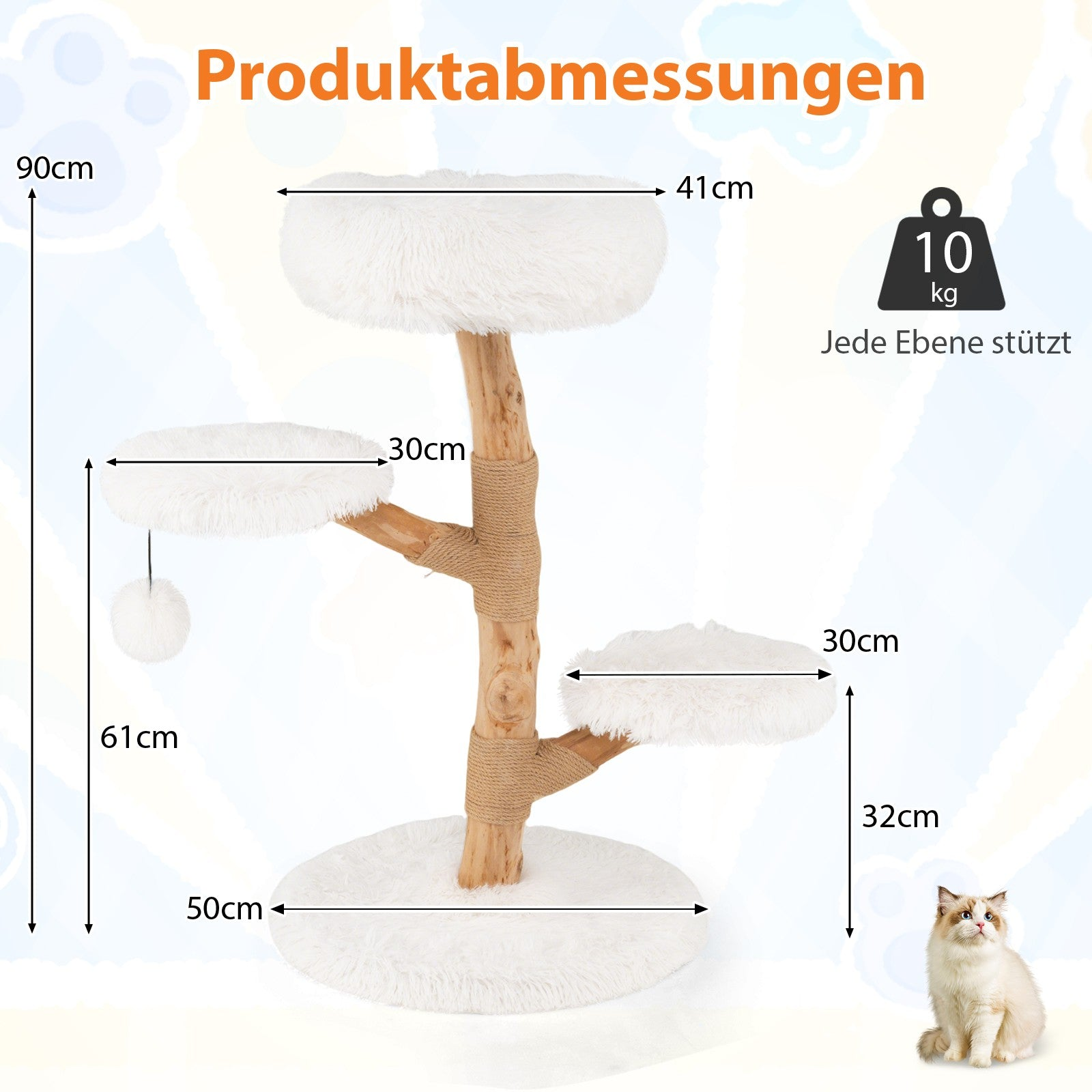A white cat tree with three levels, dimensions and 10kg load capacity.