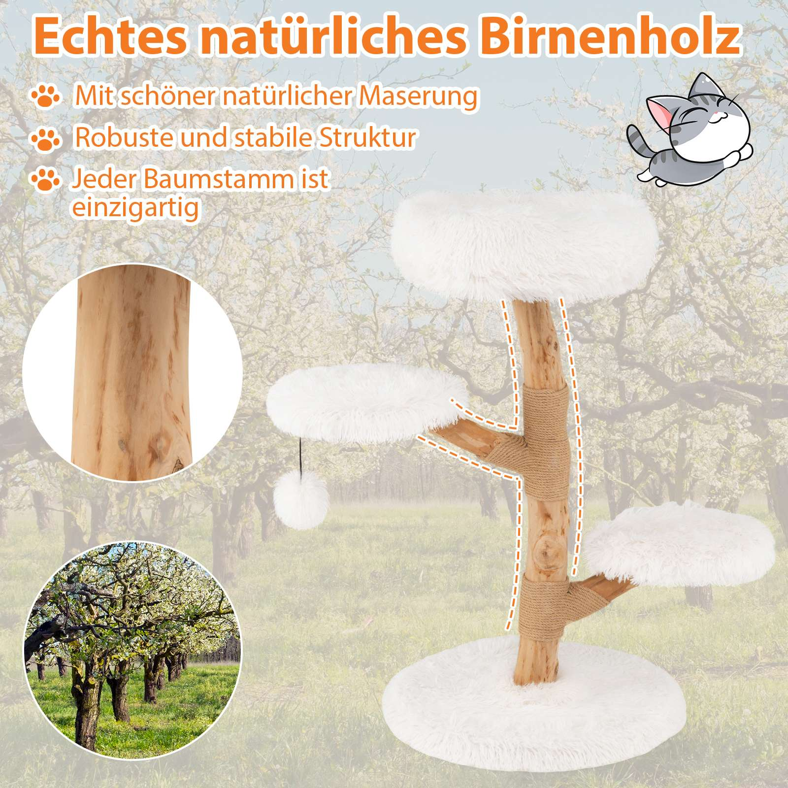 A cat tree made of real pear wood with multiple levels and fluffy platforms.