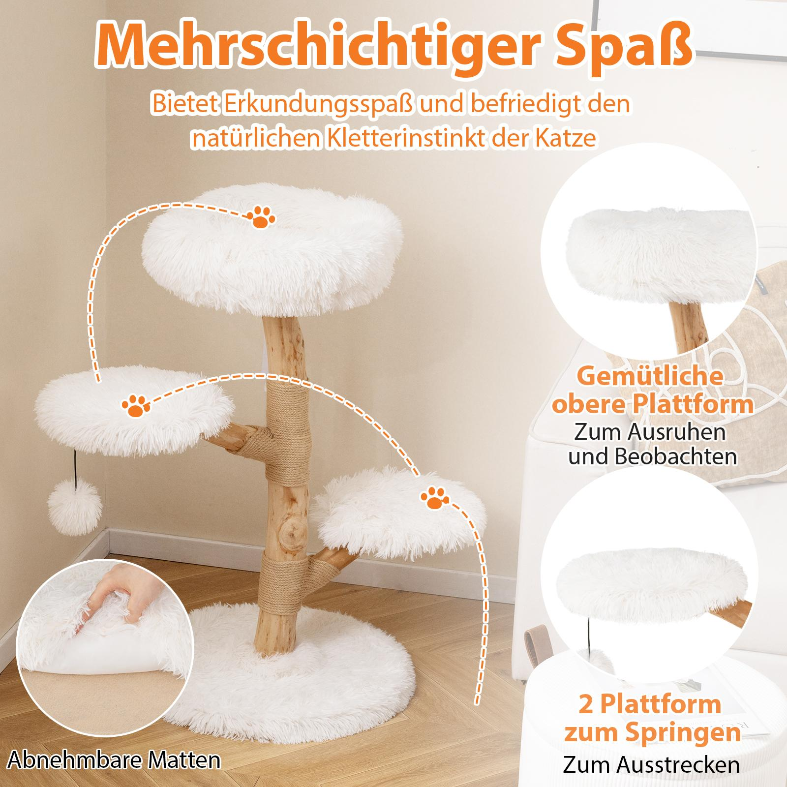 A multi-level cat tree with white, fluffy platforms and rope-wrapped posts.