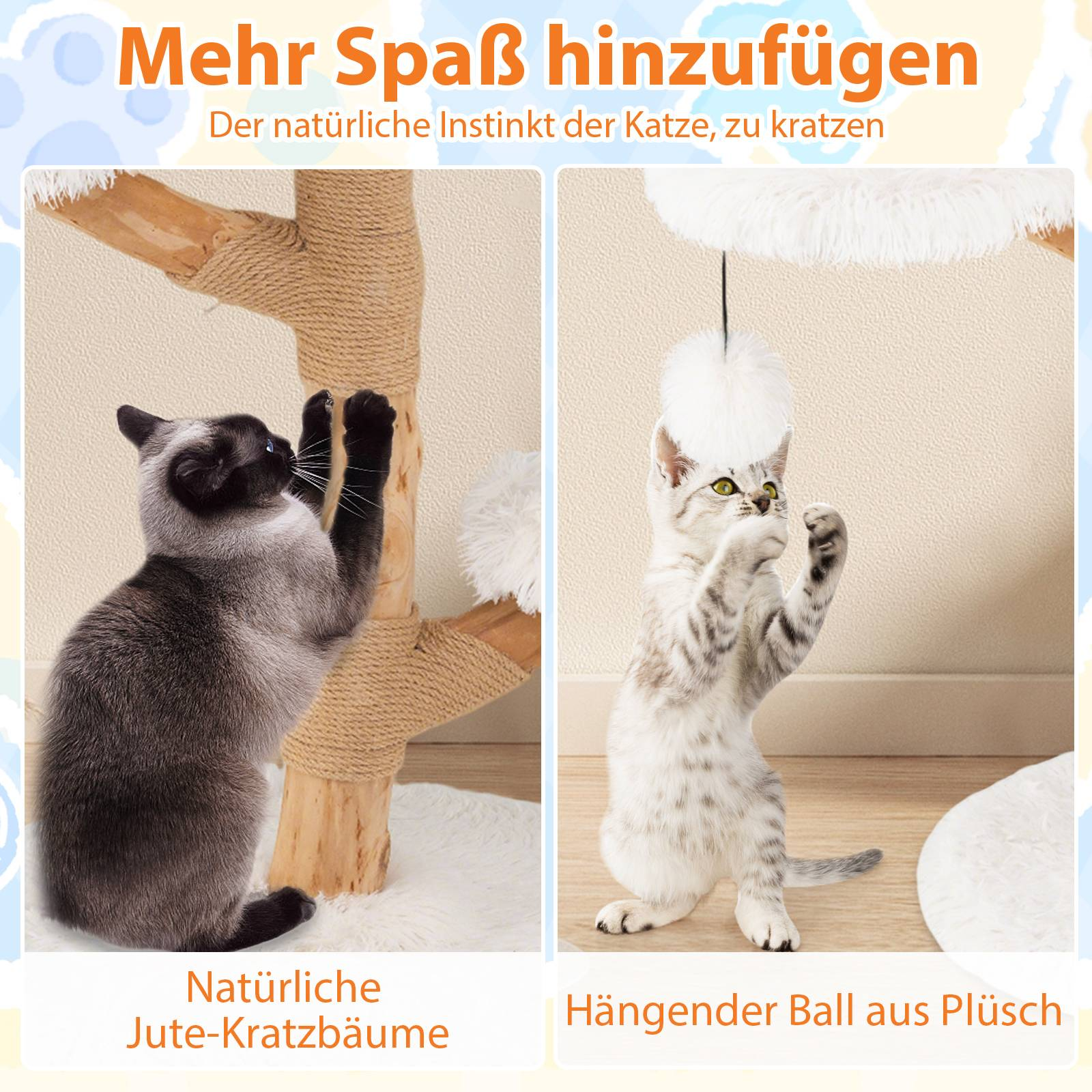 Cat scratches jute tree; kitten plays with plush ball.