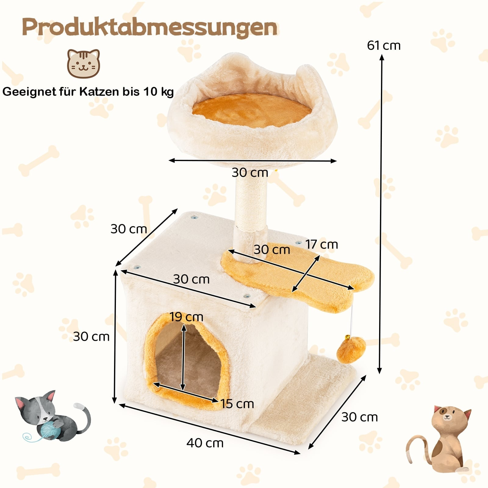 Dimensions of a beige cat tree with toys and resting areas. Max cat weight 10kg.