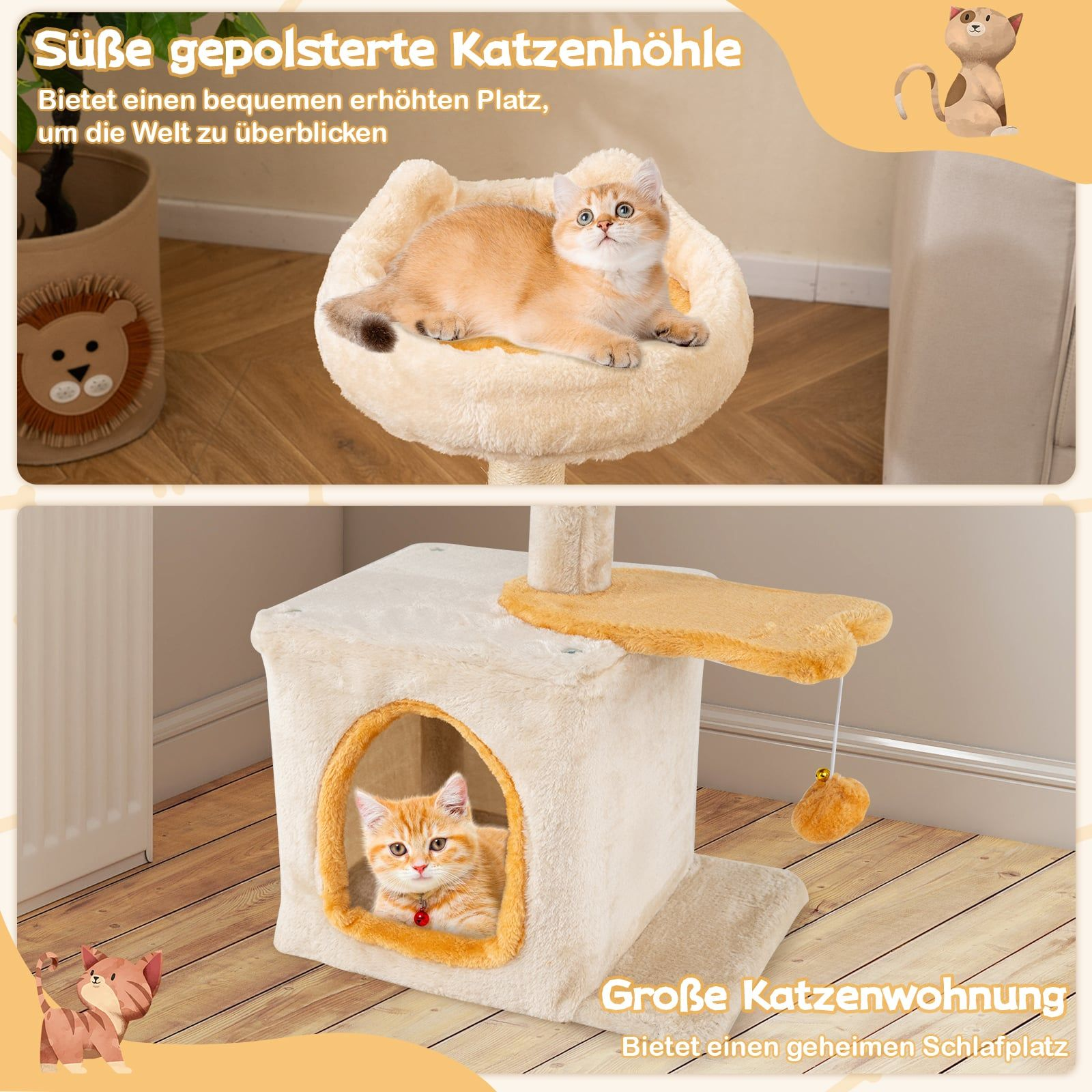 A two-tiered plush cat tree with two cats.