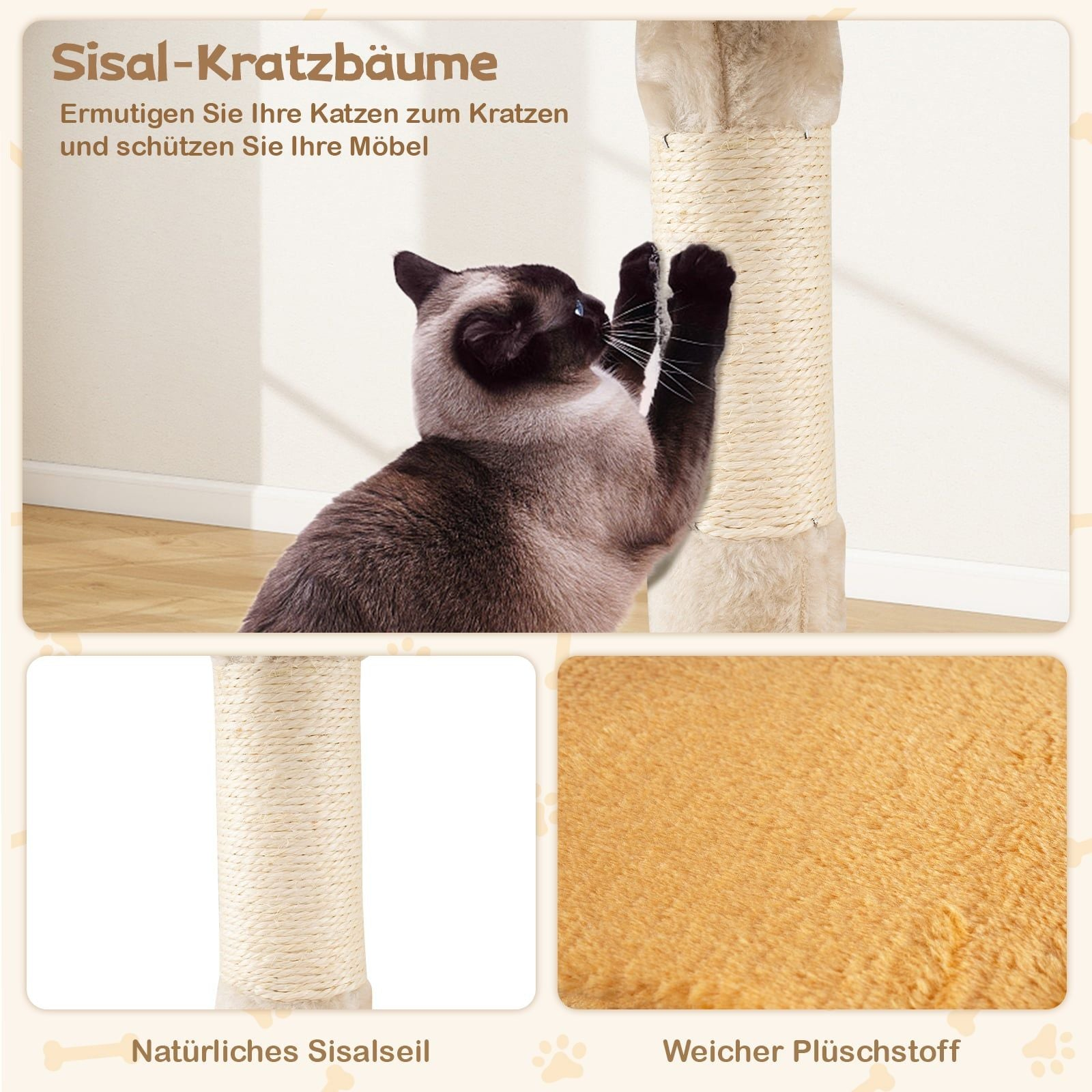 Siamese cat scratches sisal post, close-ups of rope and fabric.