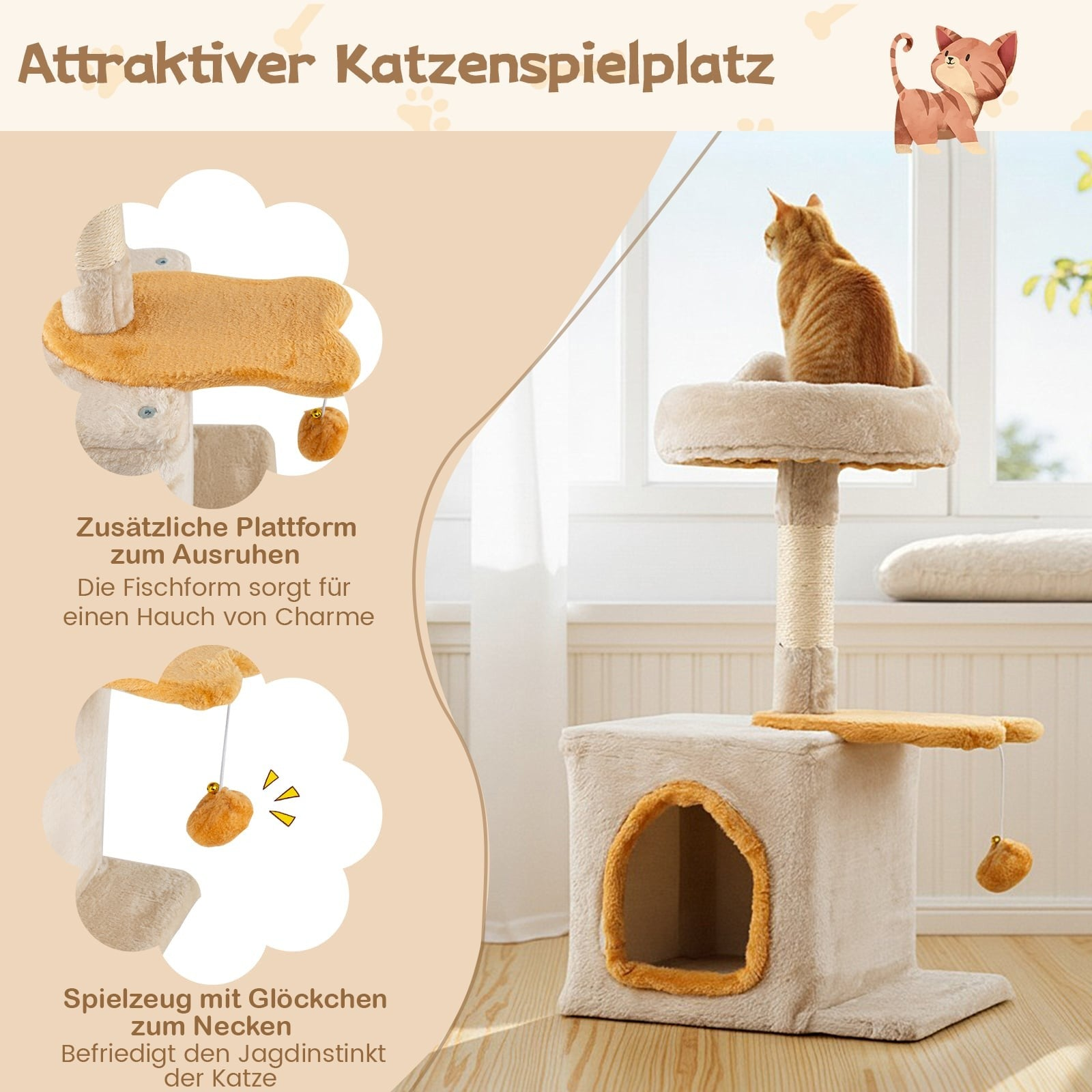 An orange cat sits on a beige cat tree with toys and a hammock.