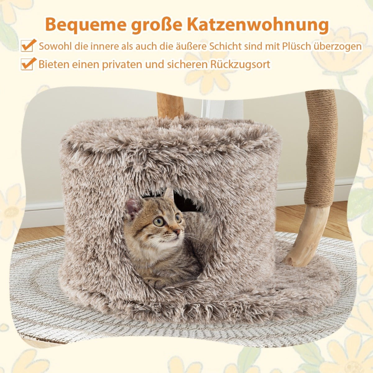 Een kat zit in een bruin pluche kattenhuis met ernaast een krabpaal.