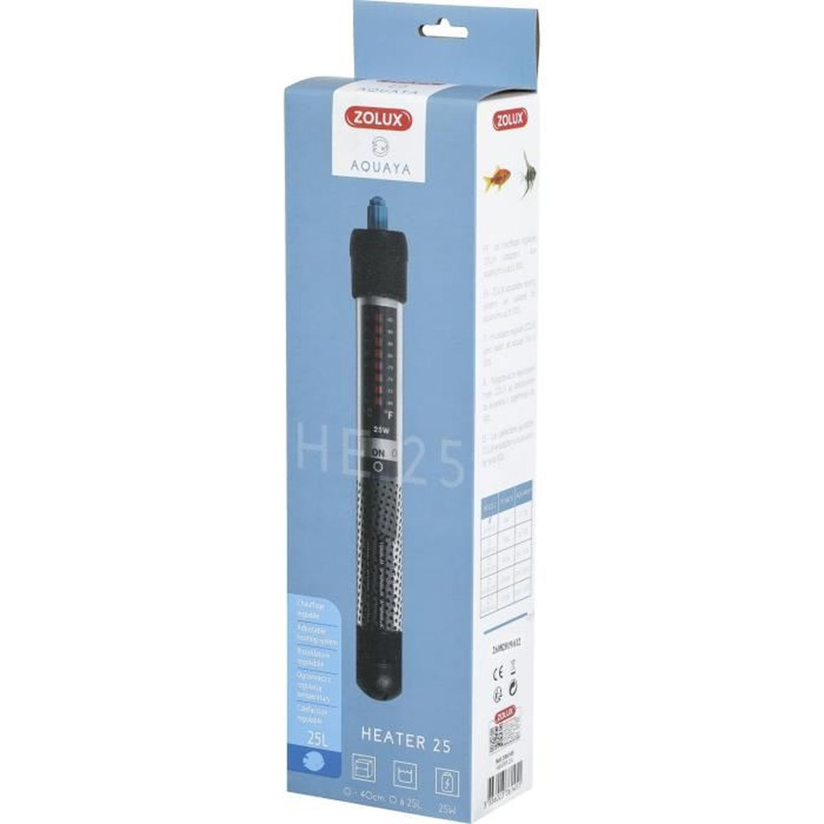 Een ZOLUX Aquaya verwarming voor 25L aquariums, 25W vermogen.