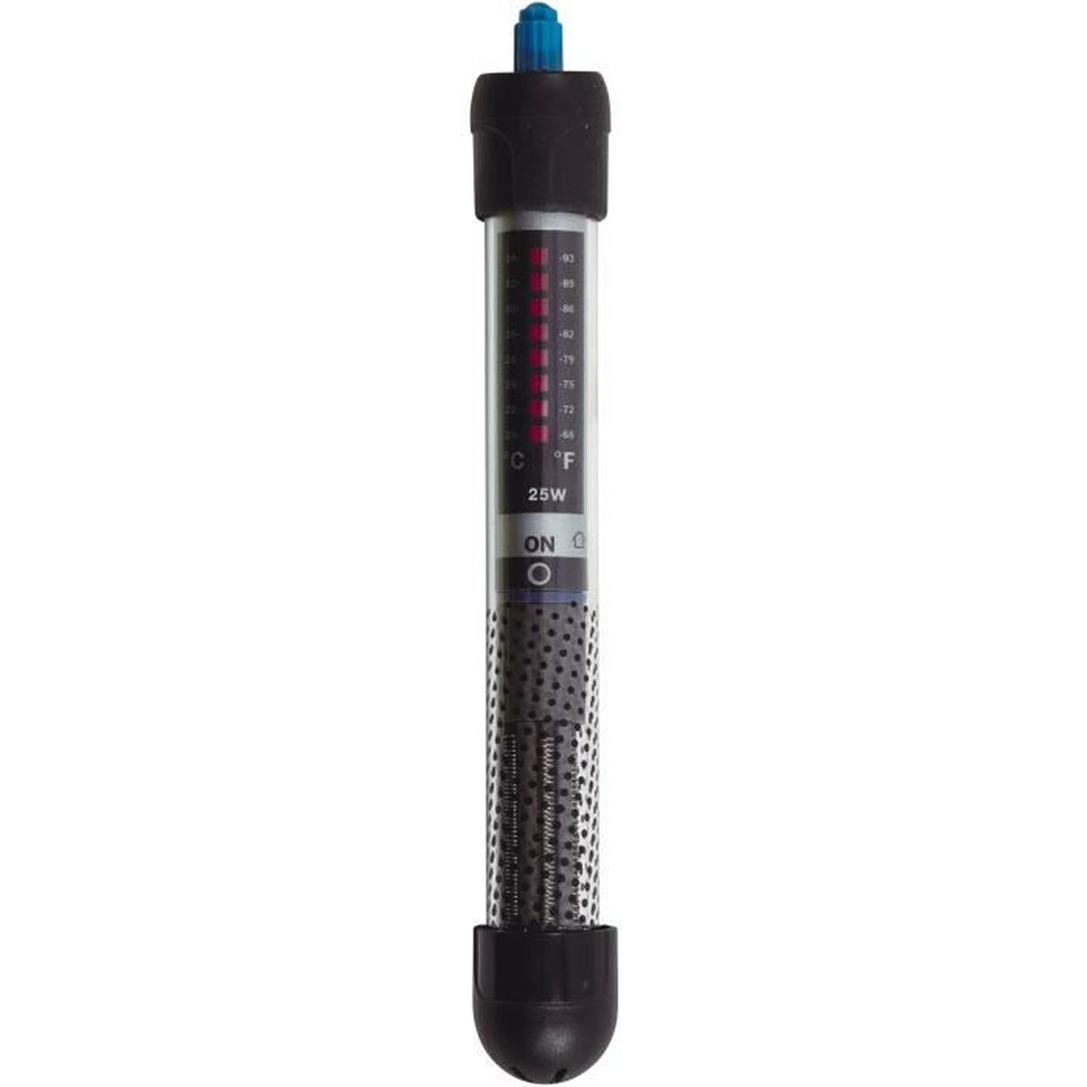 Een zwarte aquariumverwarmer met temperatuurweergave en 25W vermogen.