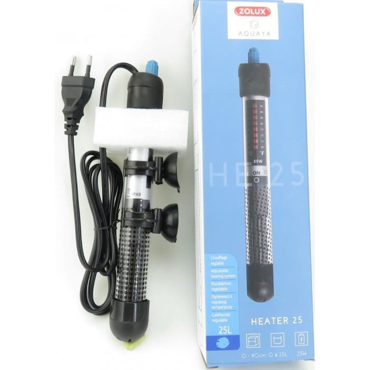 Een aquariumverwarmer met stroomkabel en handleiding, naast een productdoos.