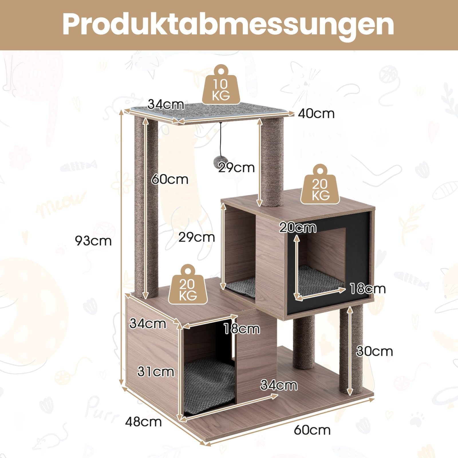 Diagram of a multi-level cat tree with dimensions. Max load 10kg & 20kg.