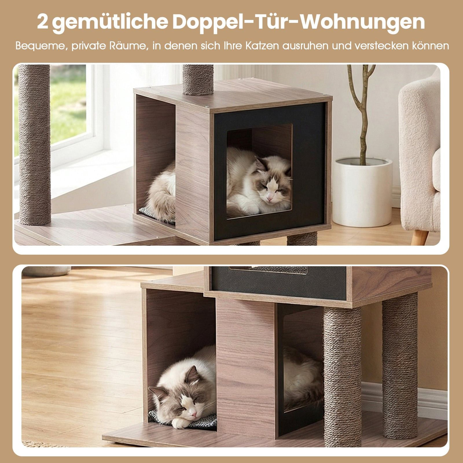 Two cats resting in wooden cat houses with scratching posts.