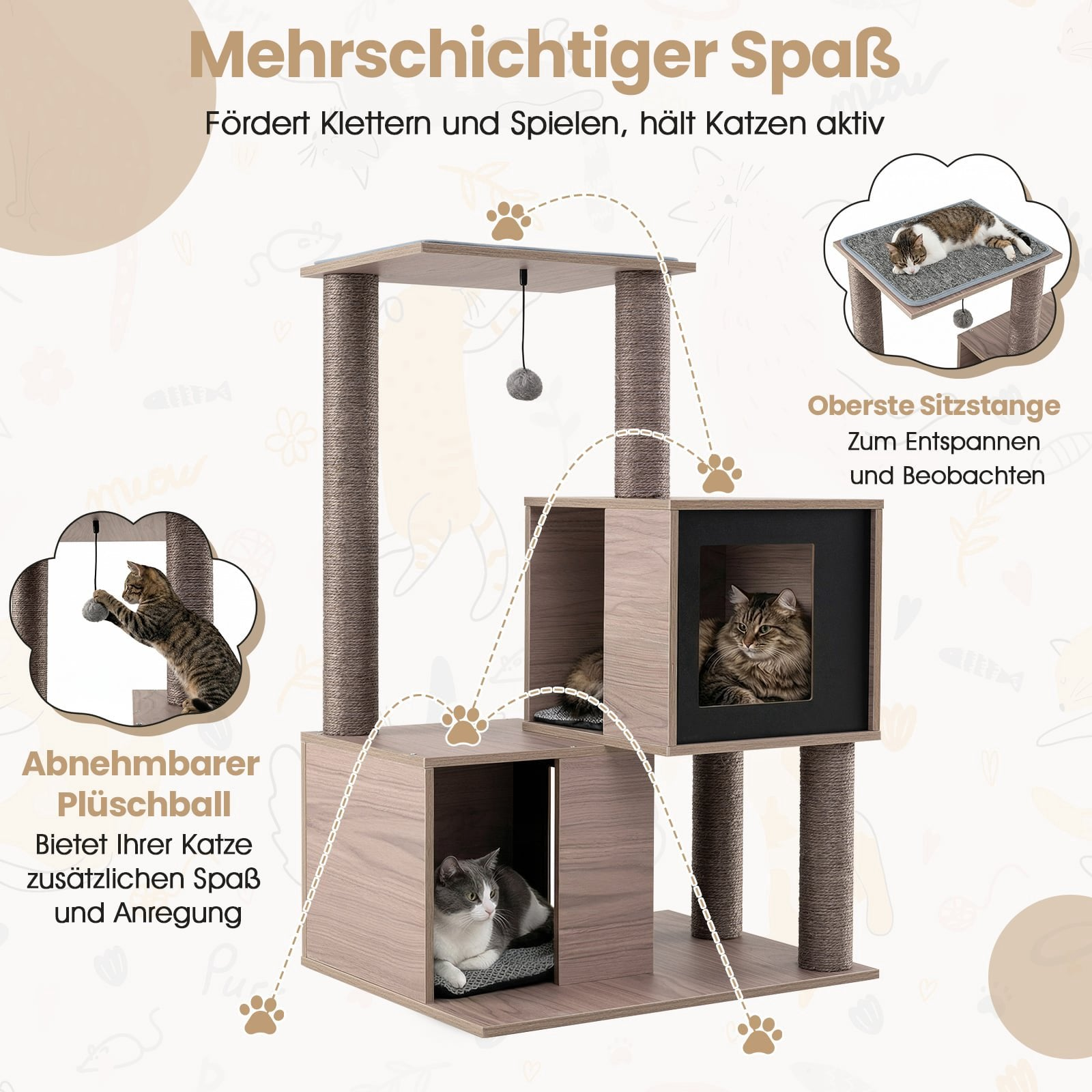 Multi-level cat tree with cats, hanging toy, scratching posts, and perches.