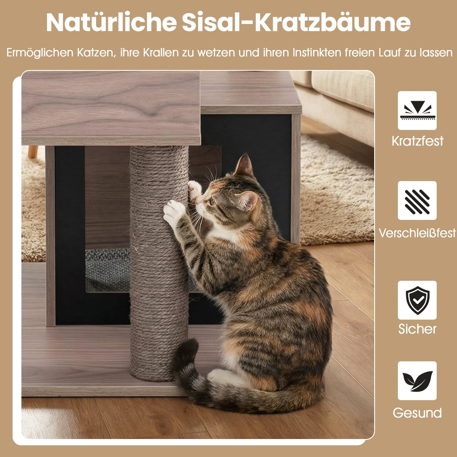 A cat scratches a sisal scratching post in front of a sofa. Scratch-resistant, safe, healthy.