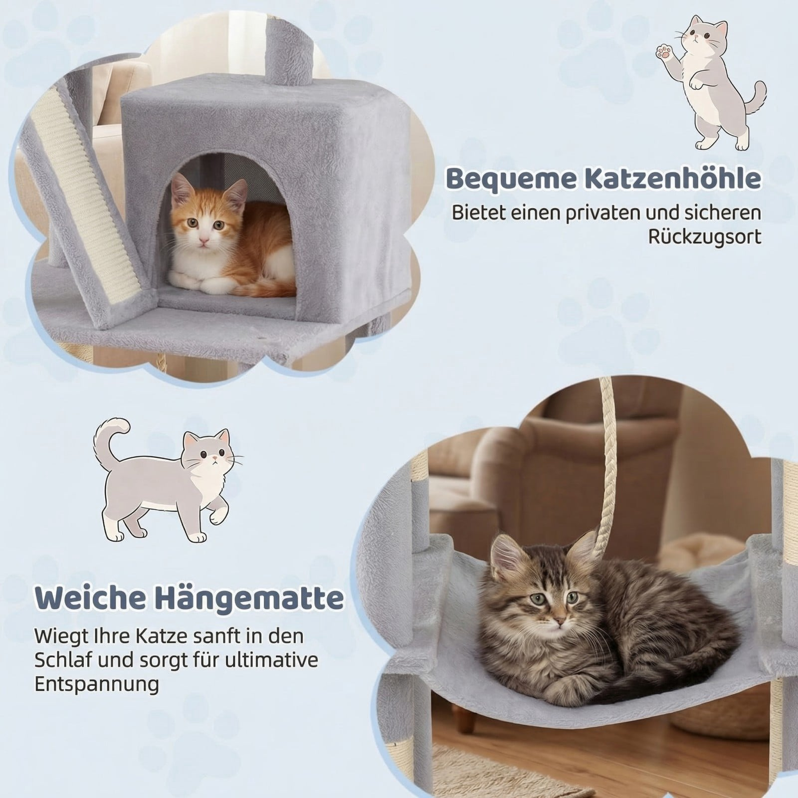 Grijze krabpaal met een kitten in het huisje en een kitten in de hangmat.