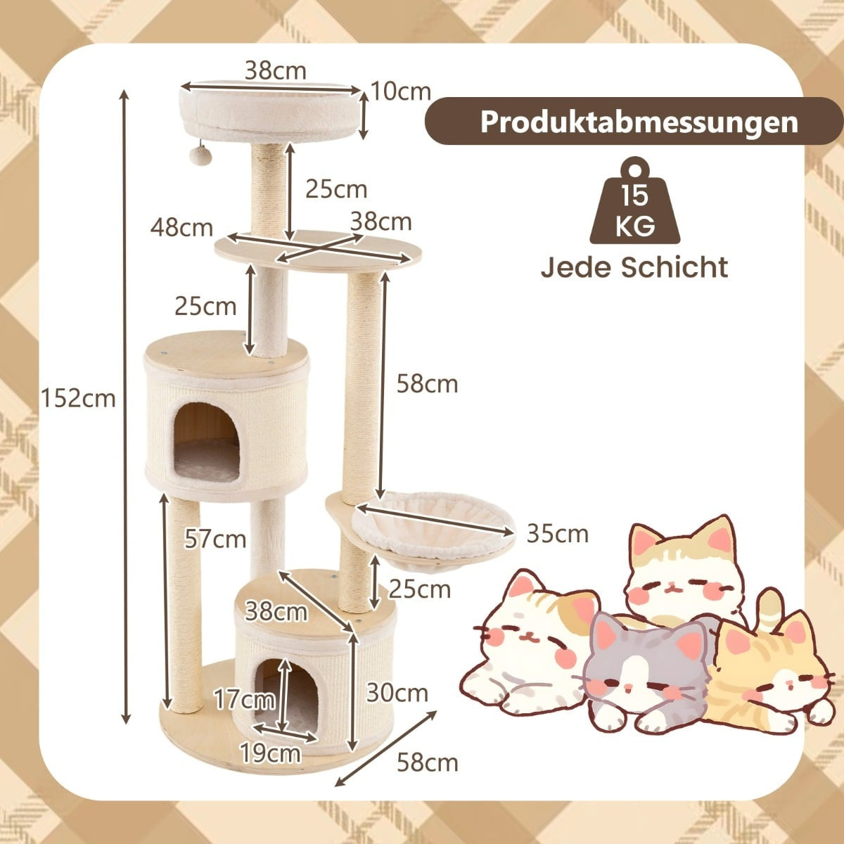 Een kattenkrabpaal met meerdere verdiepingen, afmetingen en vier schattige katten.