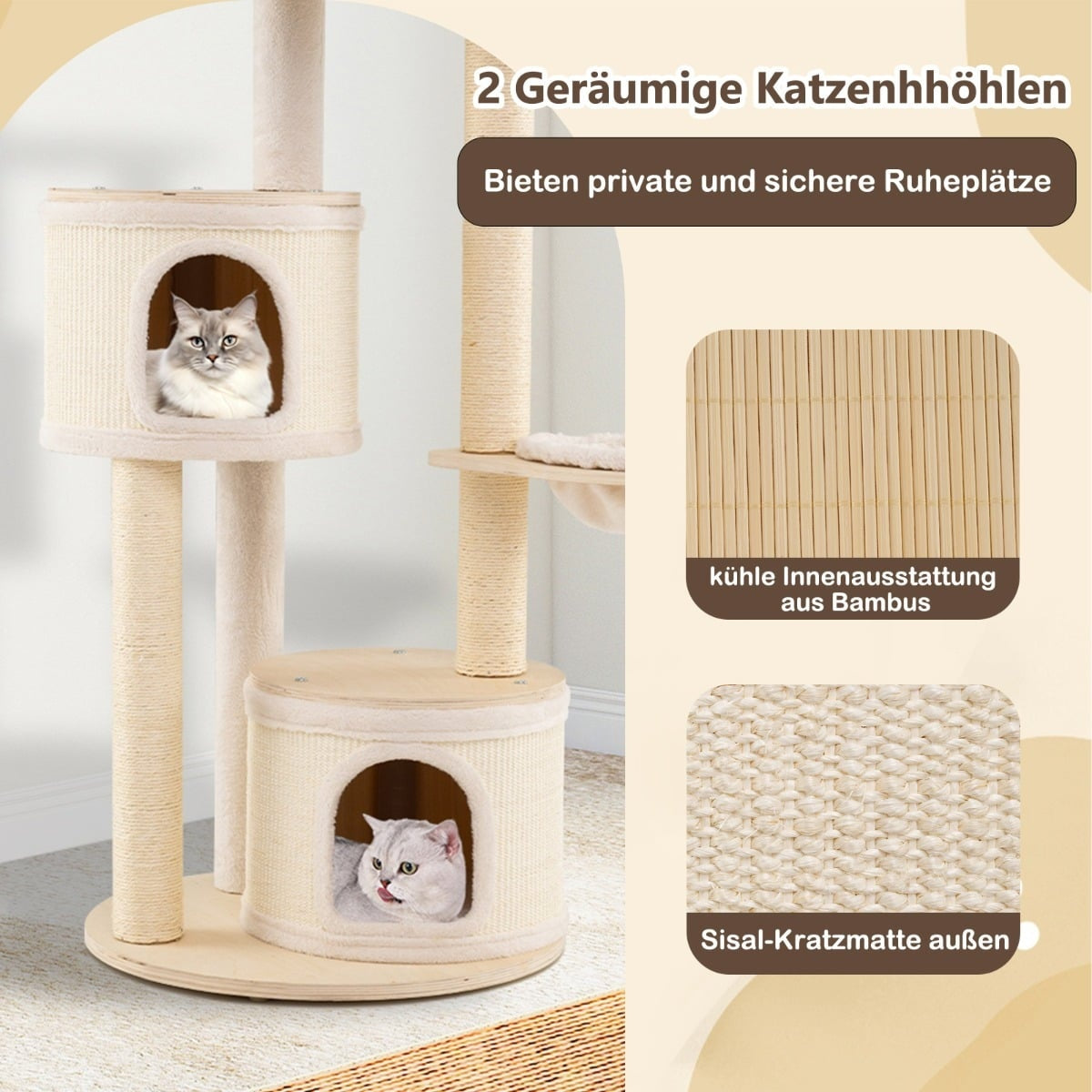Een kattenkrabpaal met meerdere verdiepingen, twee kattenholletjes, katten en bamboe/sisal.