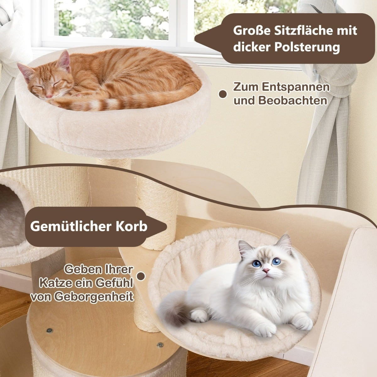 Twee katten op een krabpaal: één slaapt, de ander rust comfortabel.