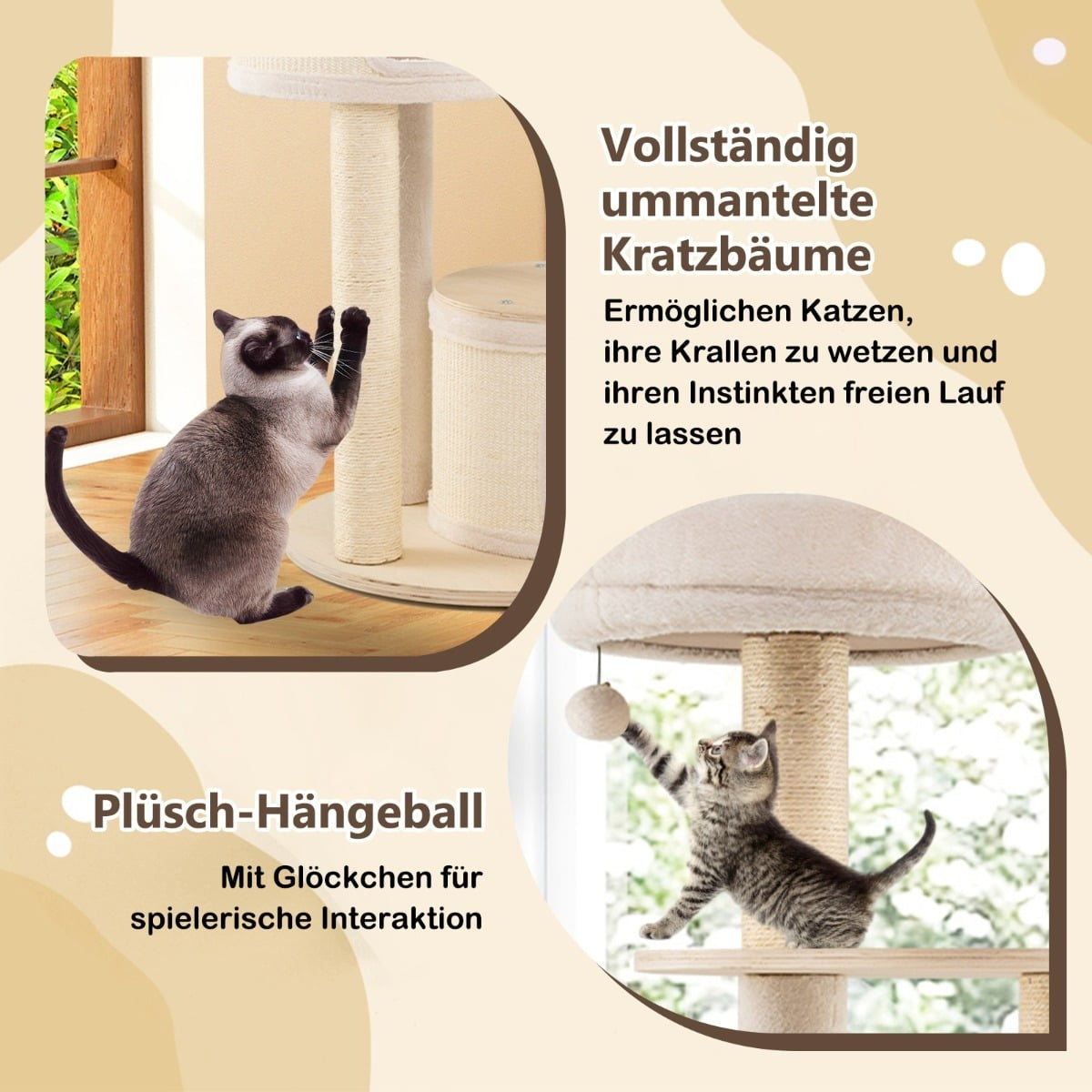Kattenboom met krabpalen en hangbal; een kat krabt, een kitten speelt.