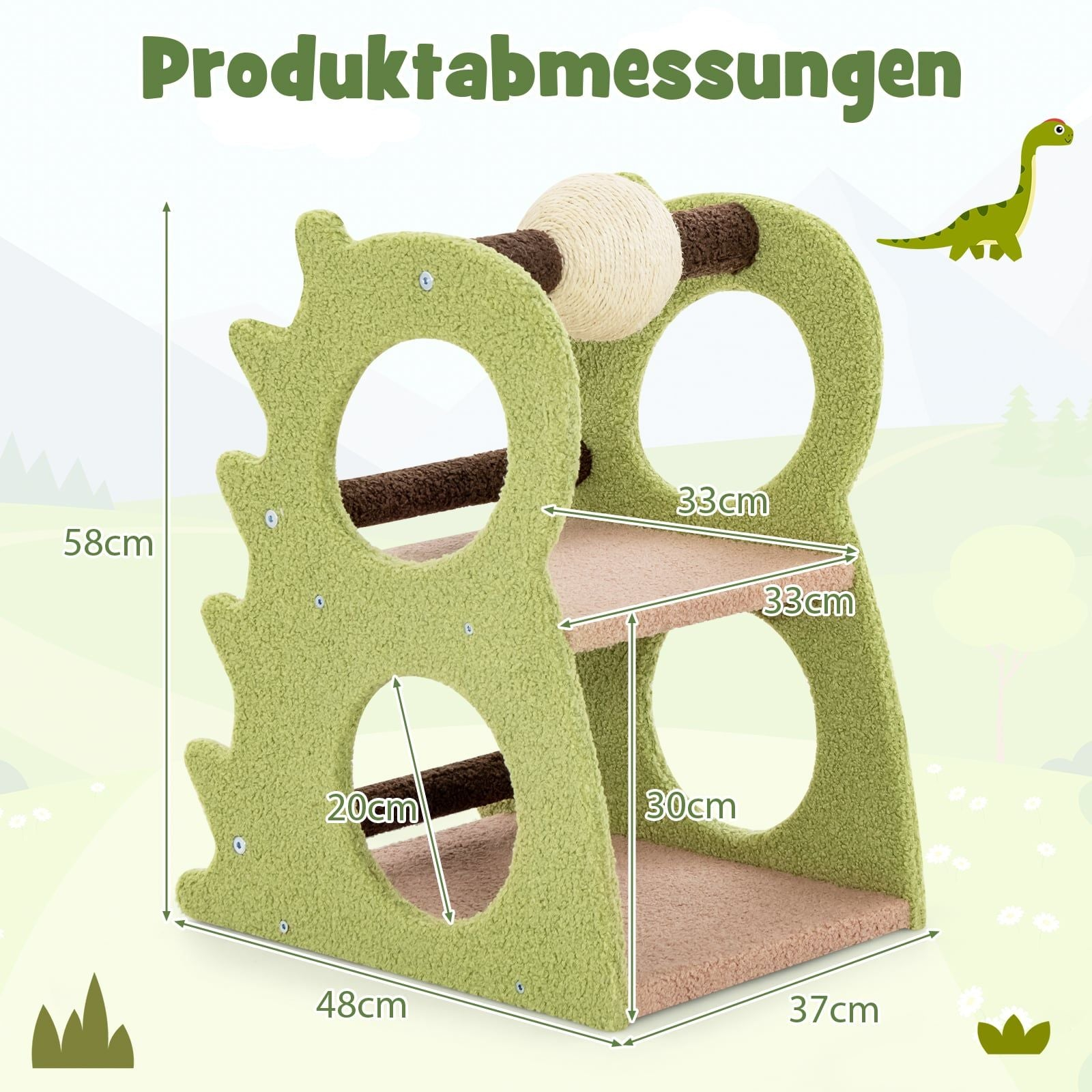 Green cat tree with dimensions: Height 58cm, Width 48cm, Depth 37cm.
