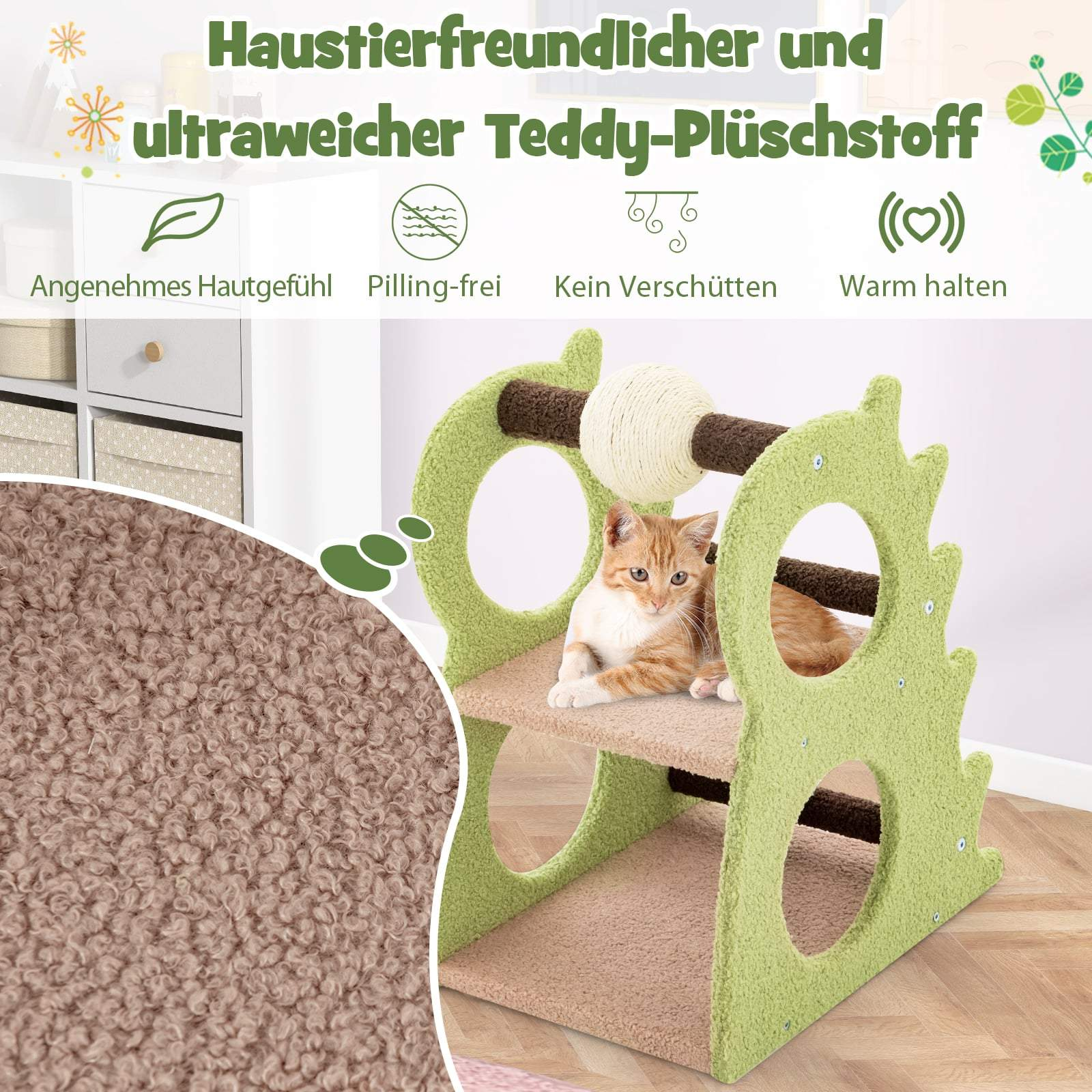 An orange tabby cat rests on a green plush cat tree with soft teddy fabric.