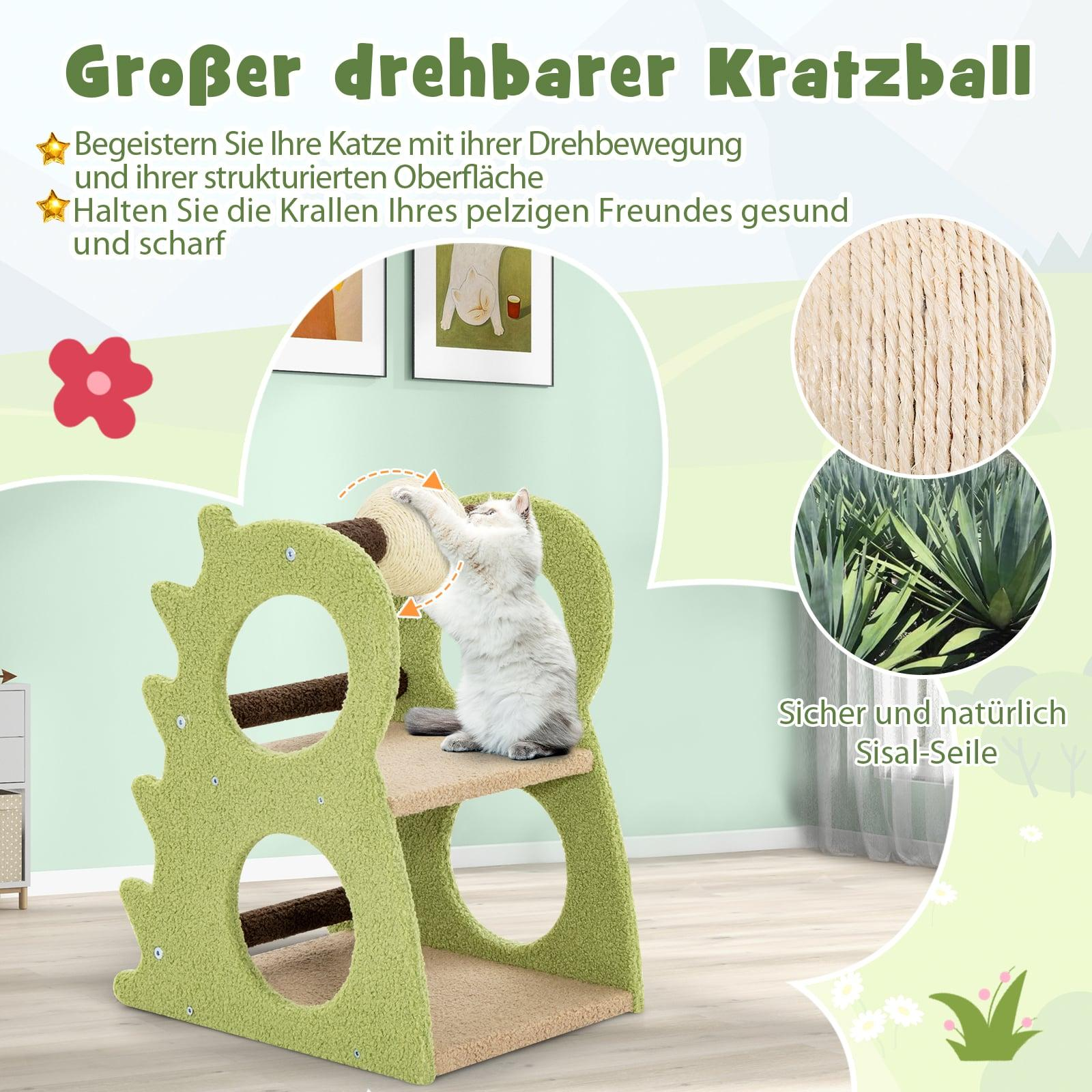 A cat plays on a green cat tree with a rotating ball and sisal rope.