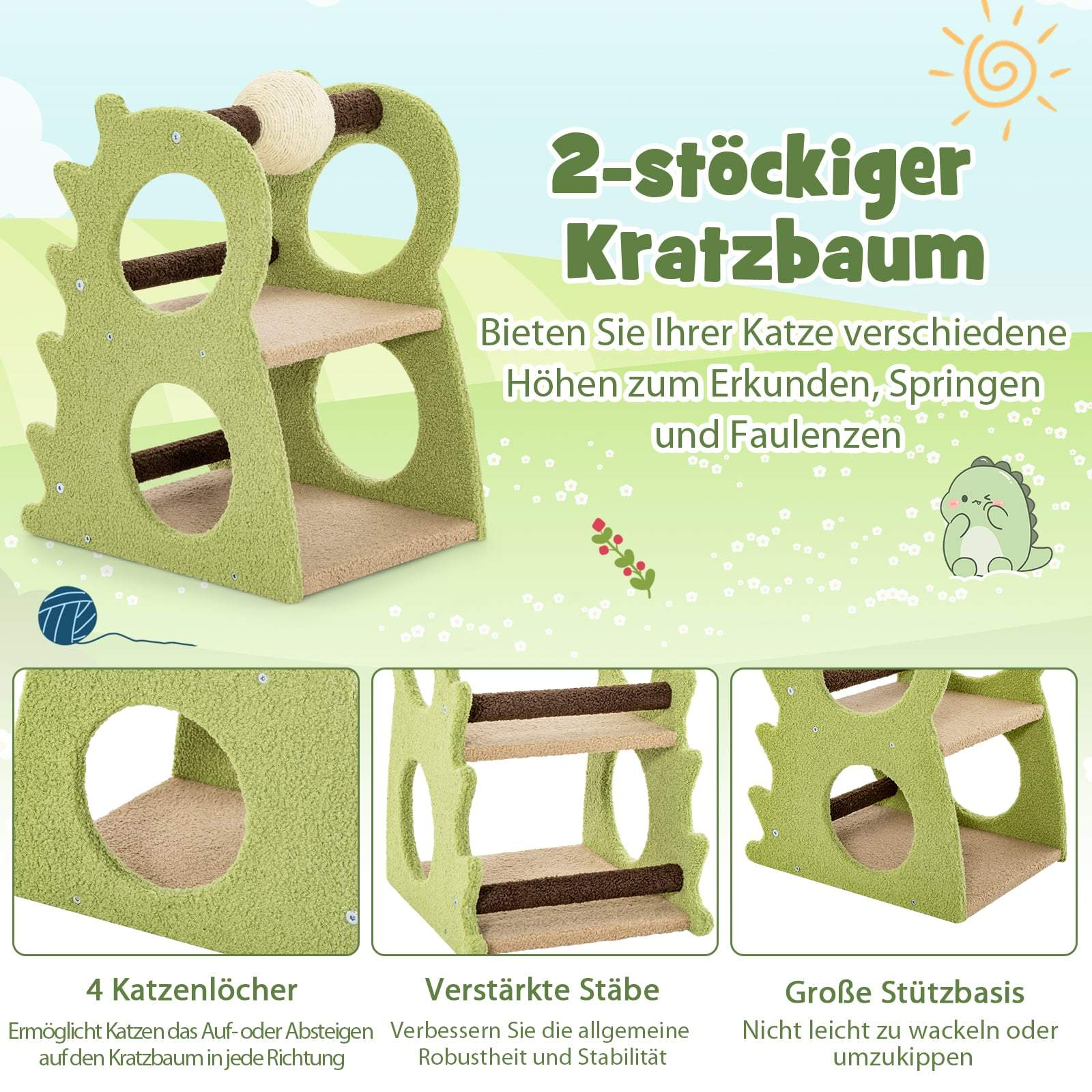 A green, two-tiered cat tree with multiple levels and openings.