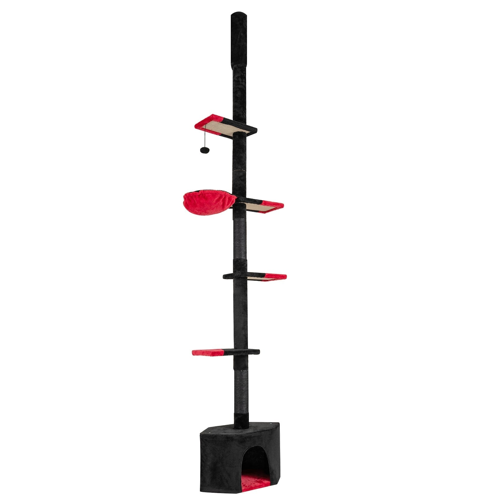Un arbre à chat noir avec des accents rouges, plusieurs niveaux et un hamac.
