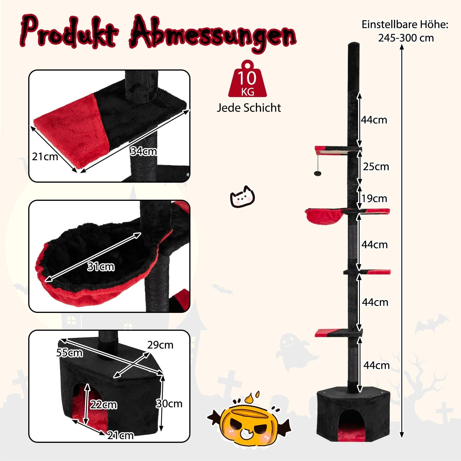 Un arbre à chat noir avec des accents rouges et des dimensions est affiché.