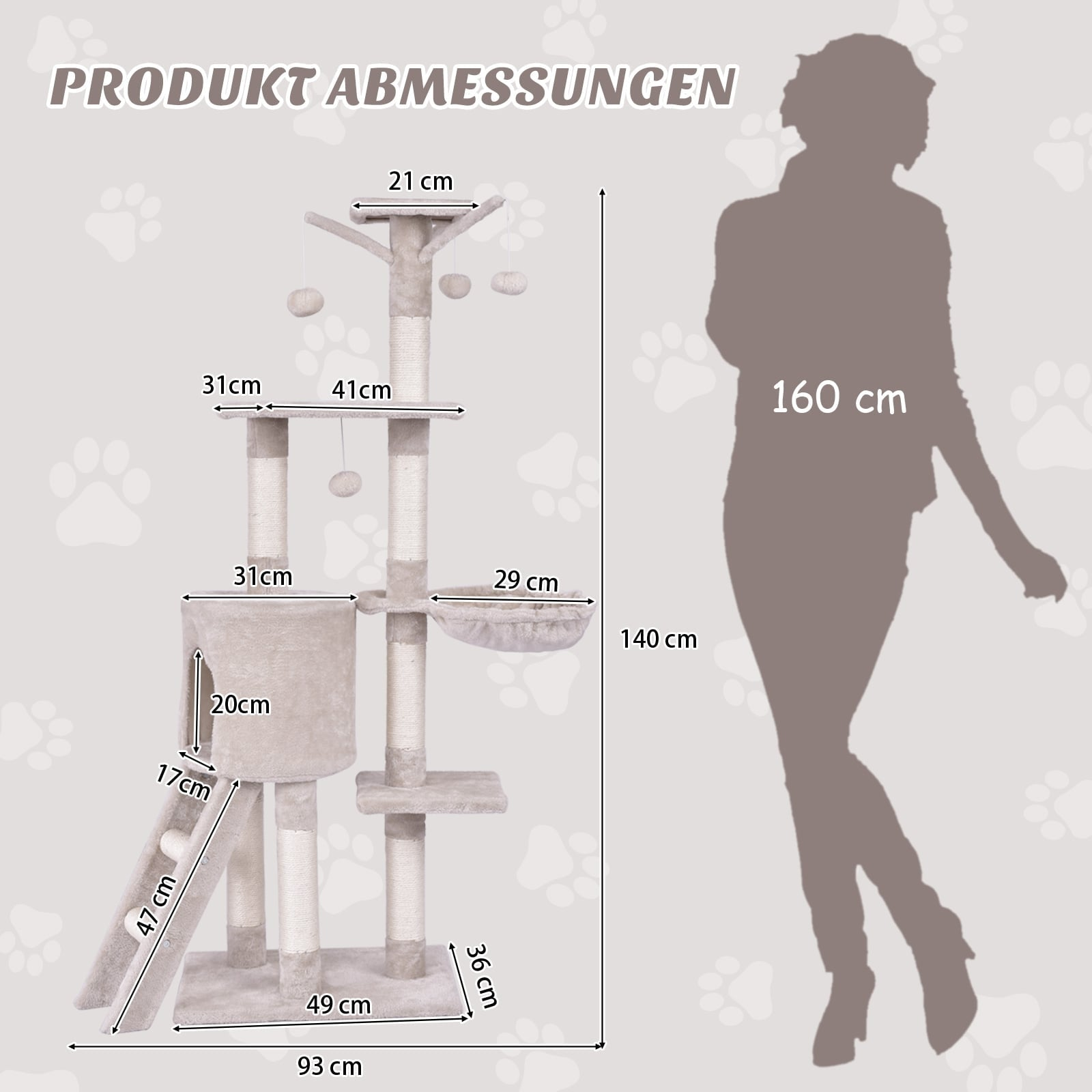 A multi-level cat tree with dimensions and a person silhouette for scale comparison.