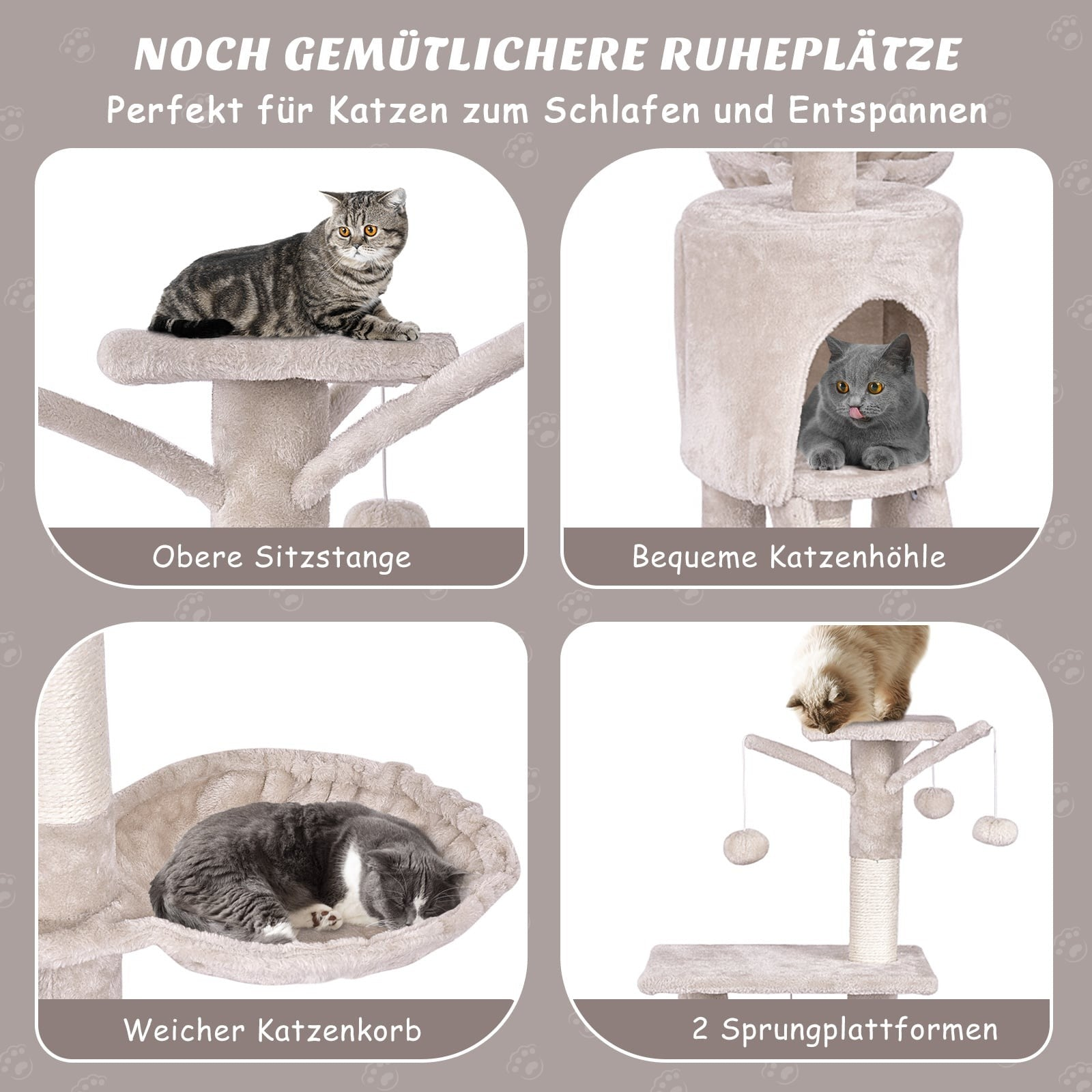 Cat tree with four areas: perch, cave, basket, and jumping platforms.