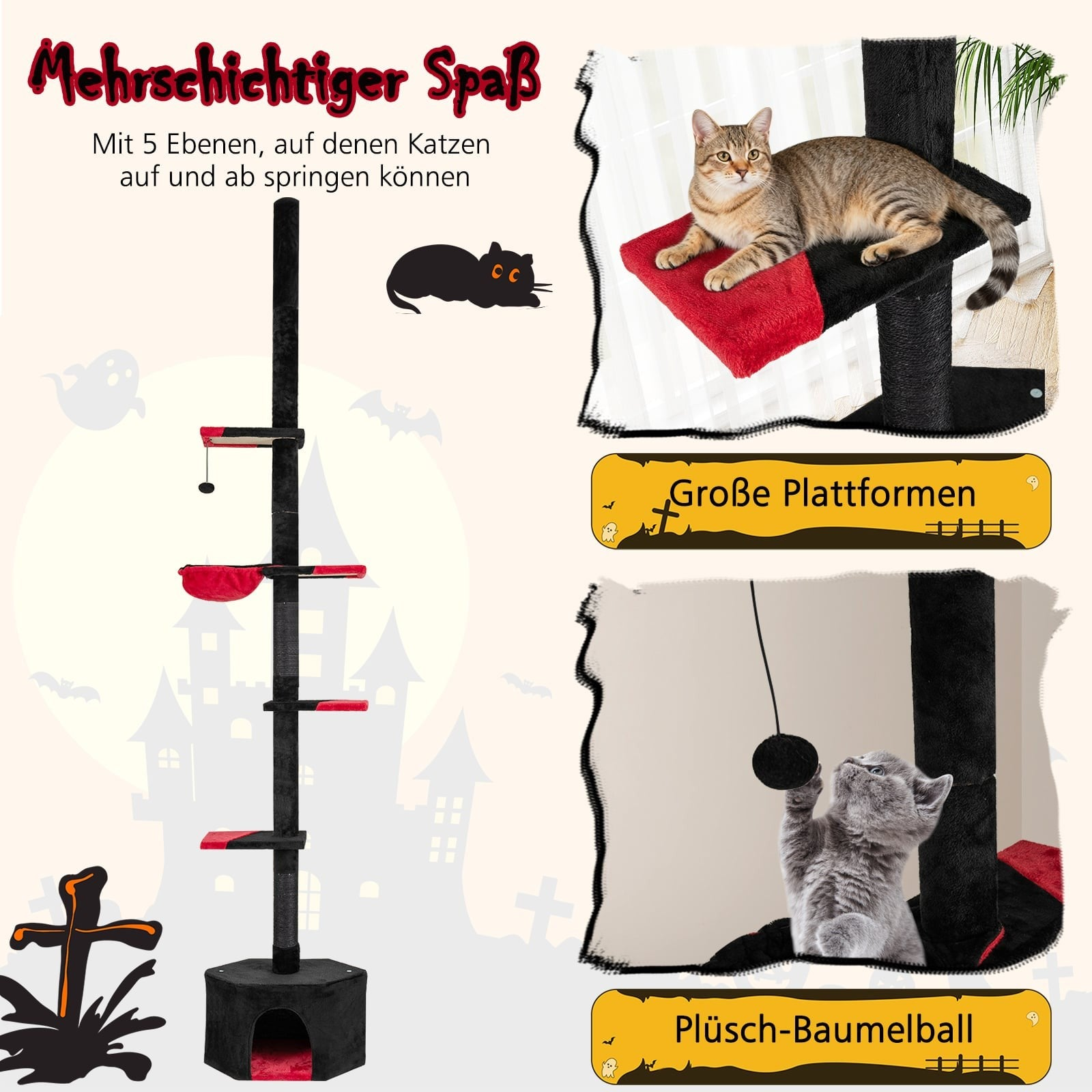 Arbre à chat multi-niveaux avec plateformes et balle pour chats.