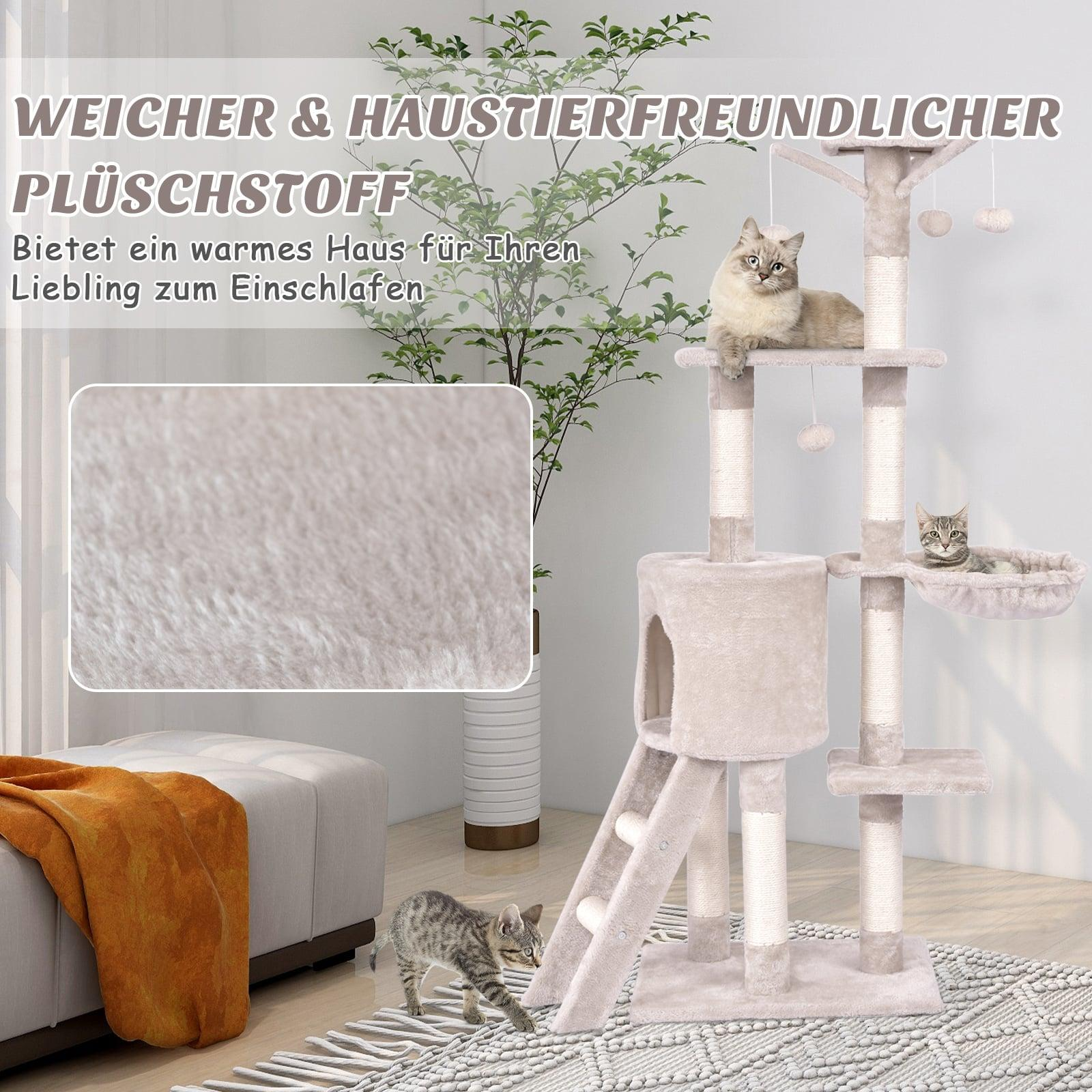 A beige cat tree with two cats, one on a platform and one on the floor.