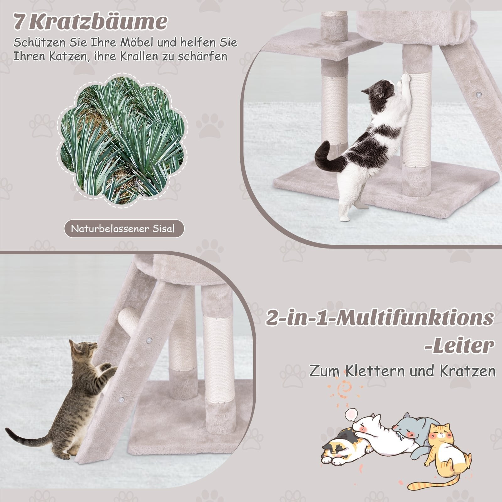 Cat tree with two cats, one climbing, one sleeping.