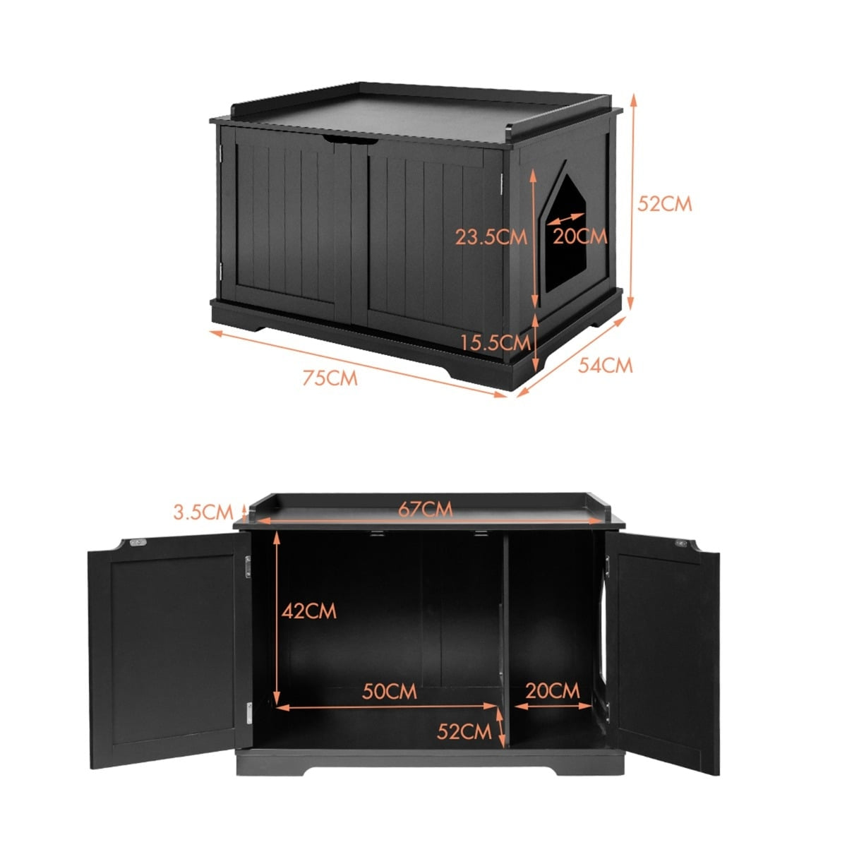 Black cabinet for cats, dimensions are shown.