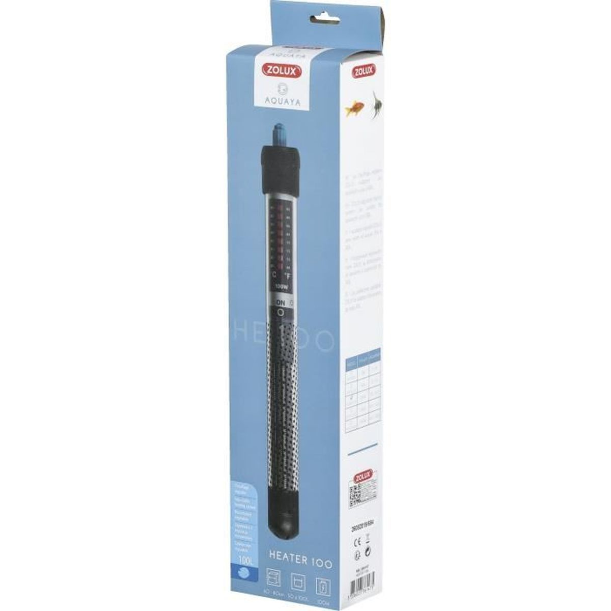 Verpakking aquariumverwarmer met temperatuurregeling en vermogen.