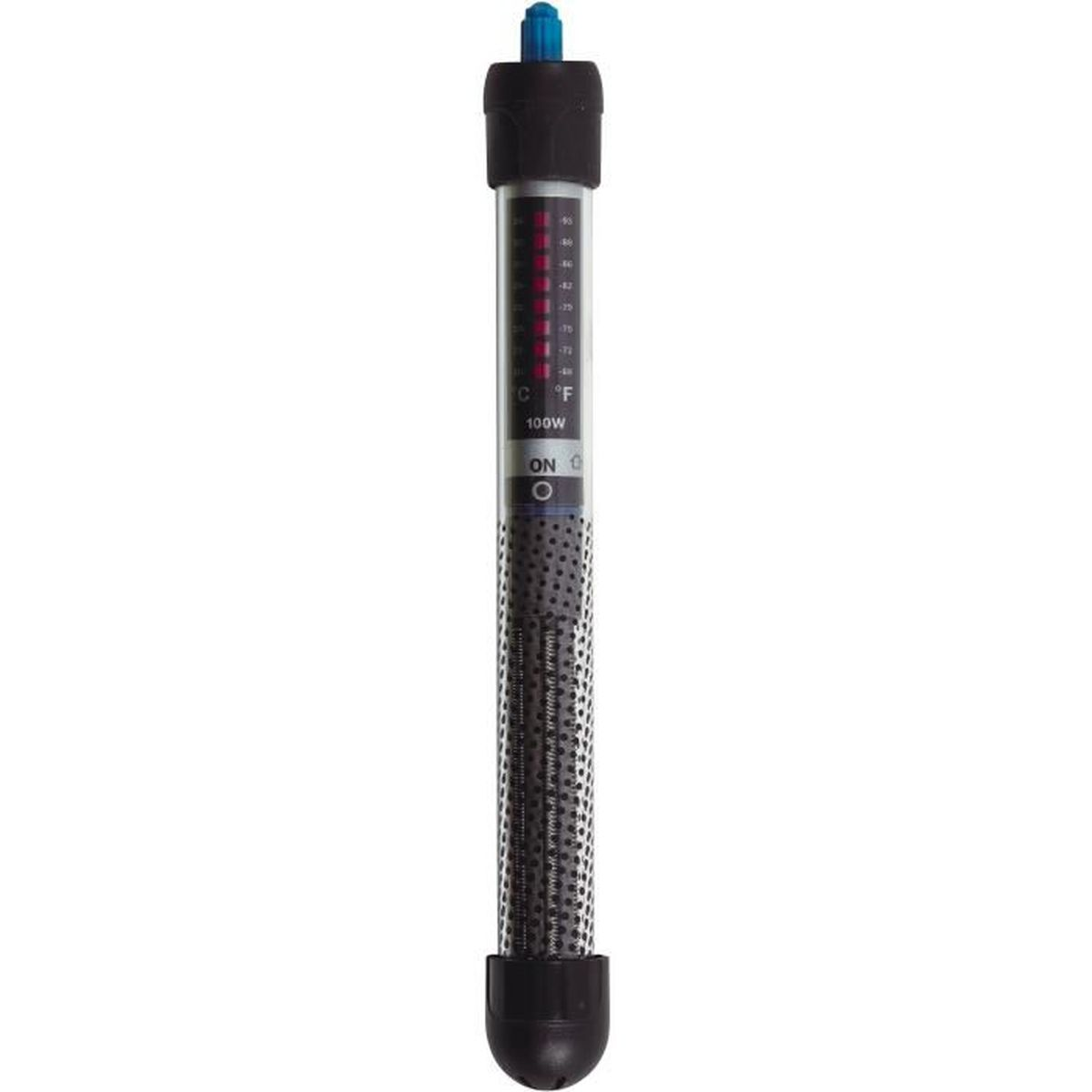 Een zwarte aquariumverwarmer met temperatuurweergave in C en F, en 100W vermogen.