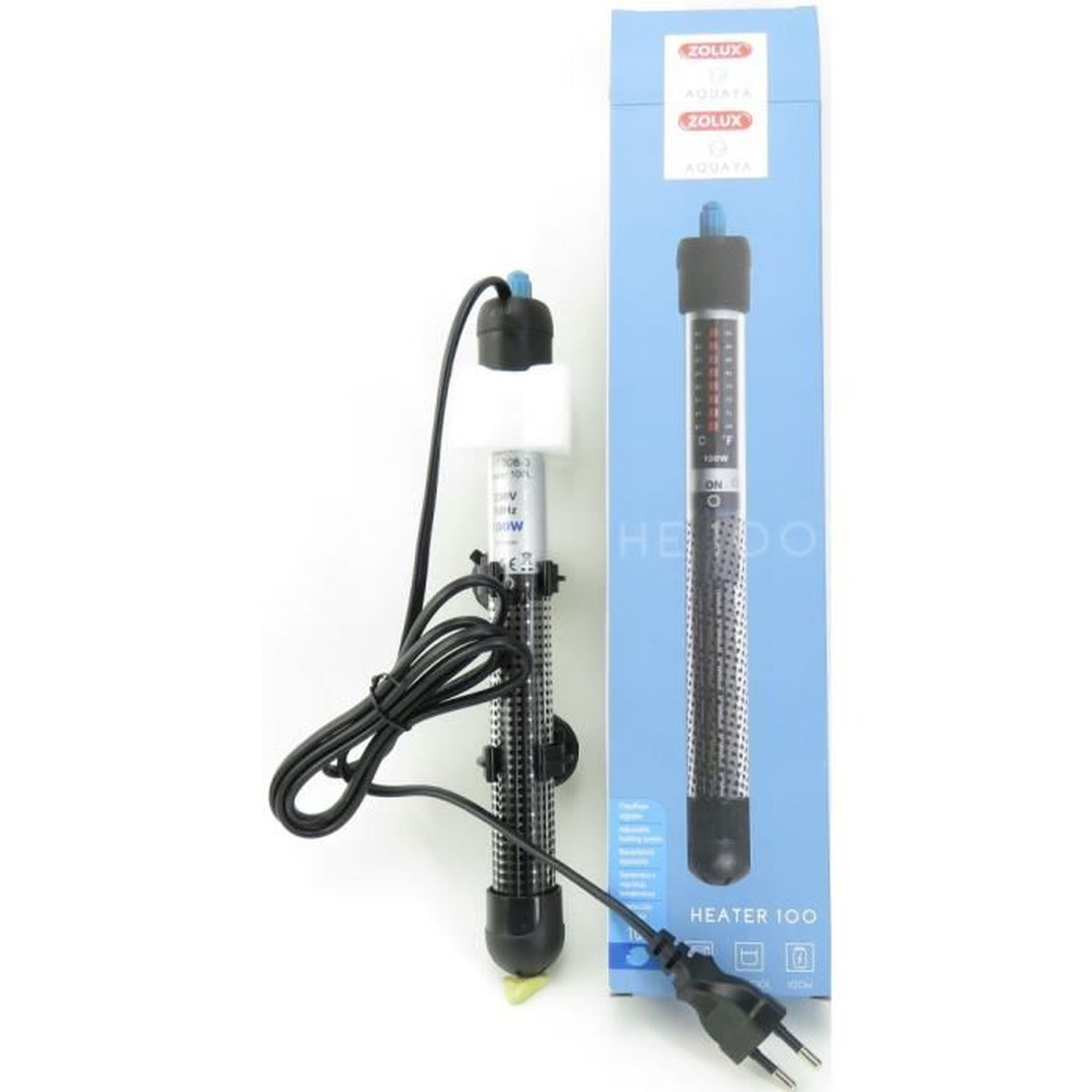 Een aquariumverwarmer met zwart snoer en stekker, naast de verpakking.