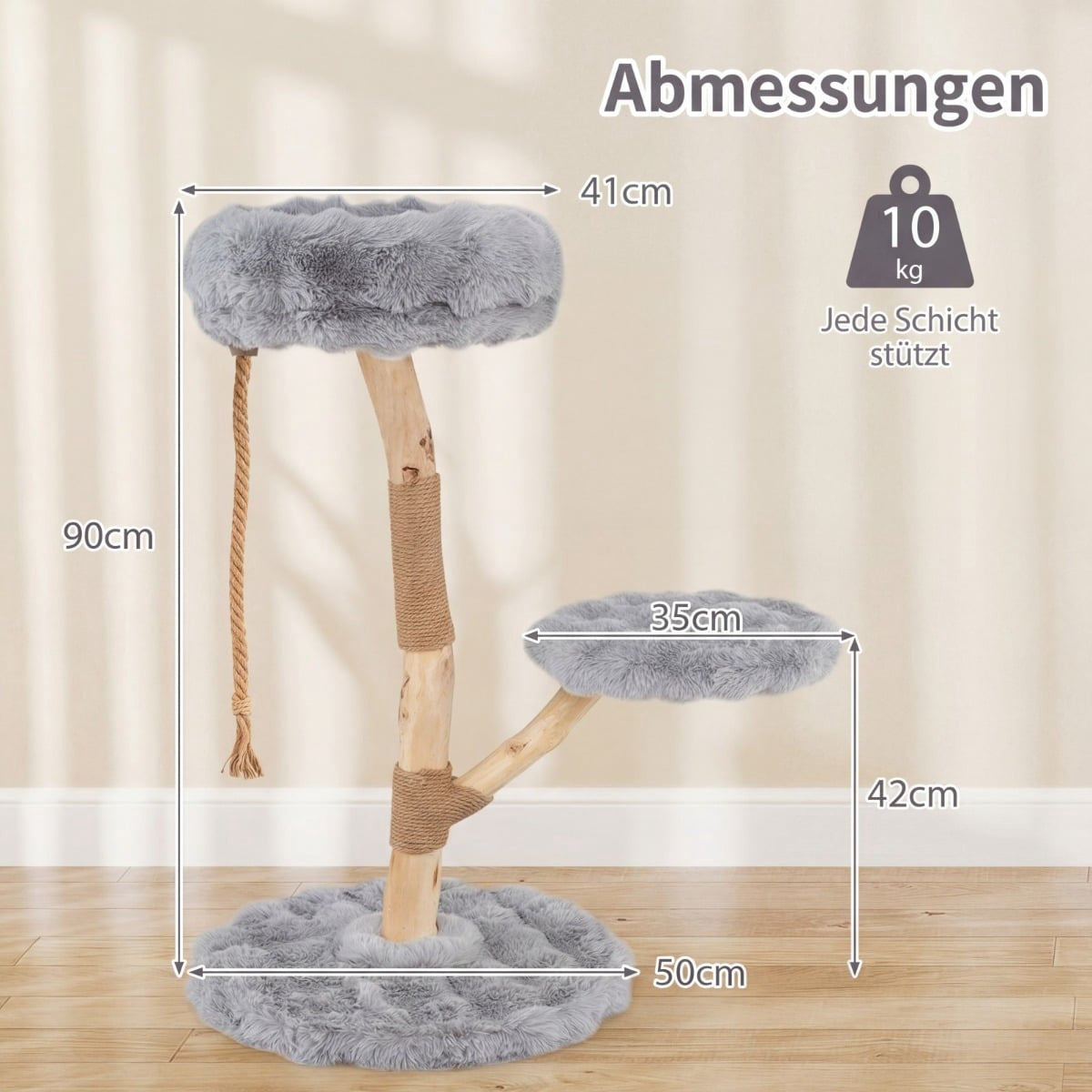 Un arbre à chat à trois niveaux en peluche grise et corde de sisal.
