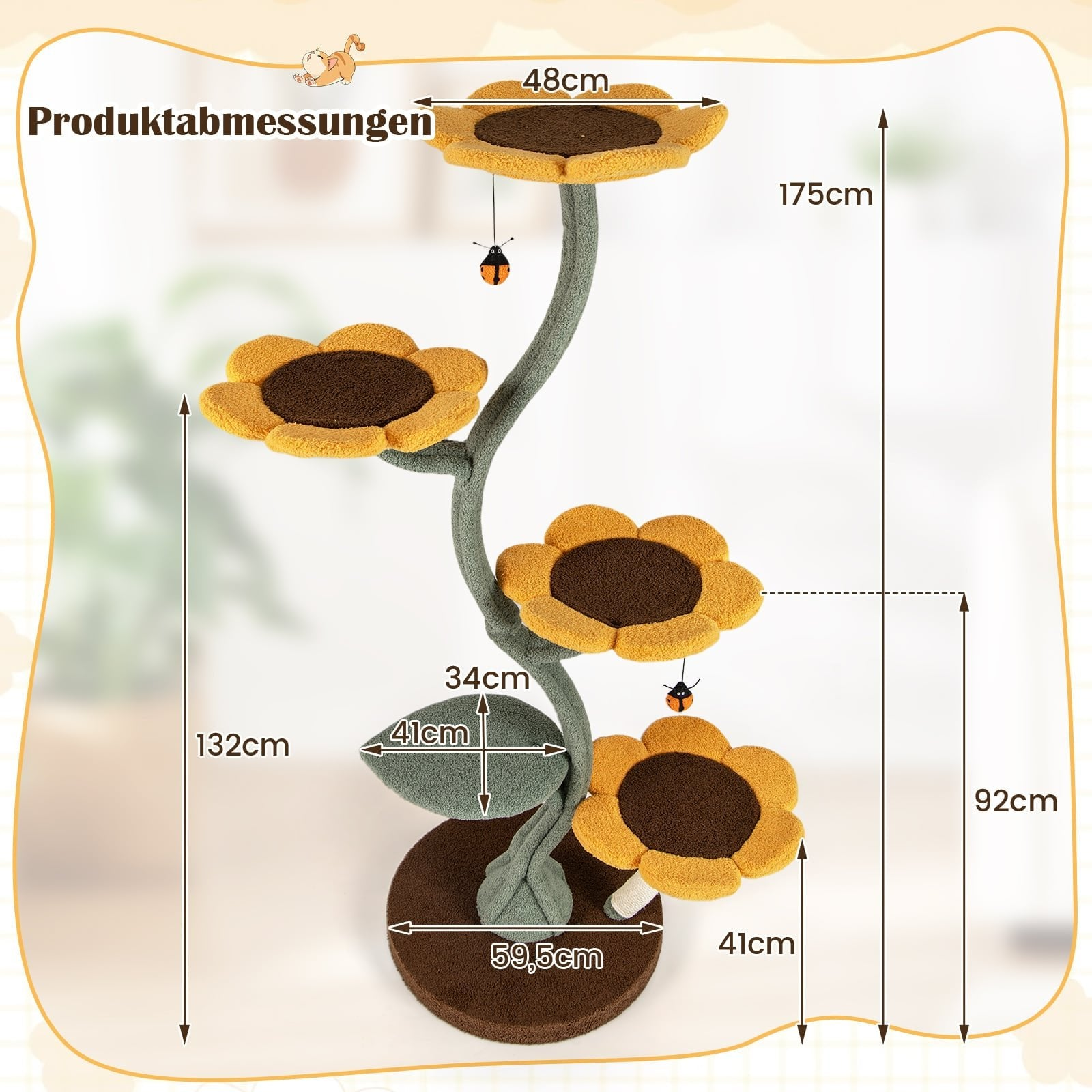 Een zonnebloemvormige krabpaal met meerdere verdiepingen en speelgoed.