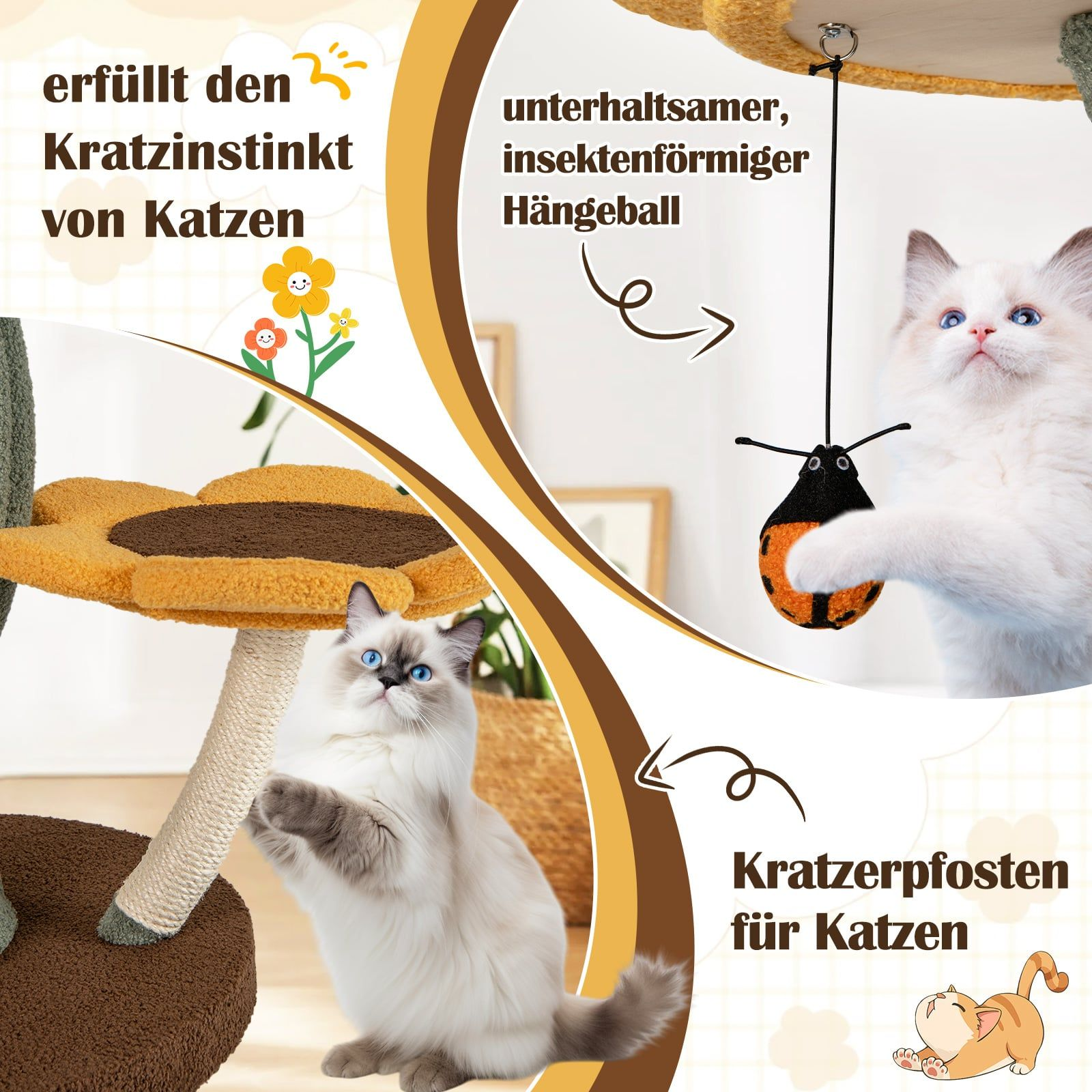Kattenkrabpaal met bloembed, touw en hangend lieveheersbeestje speelgoed.