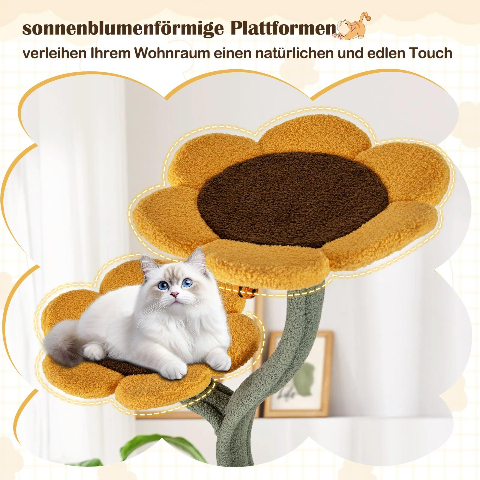 Een witte kat rust op een zonnebloemvormig kattenboomplatform.