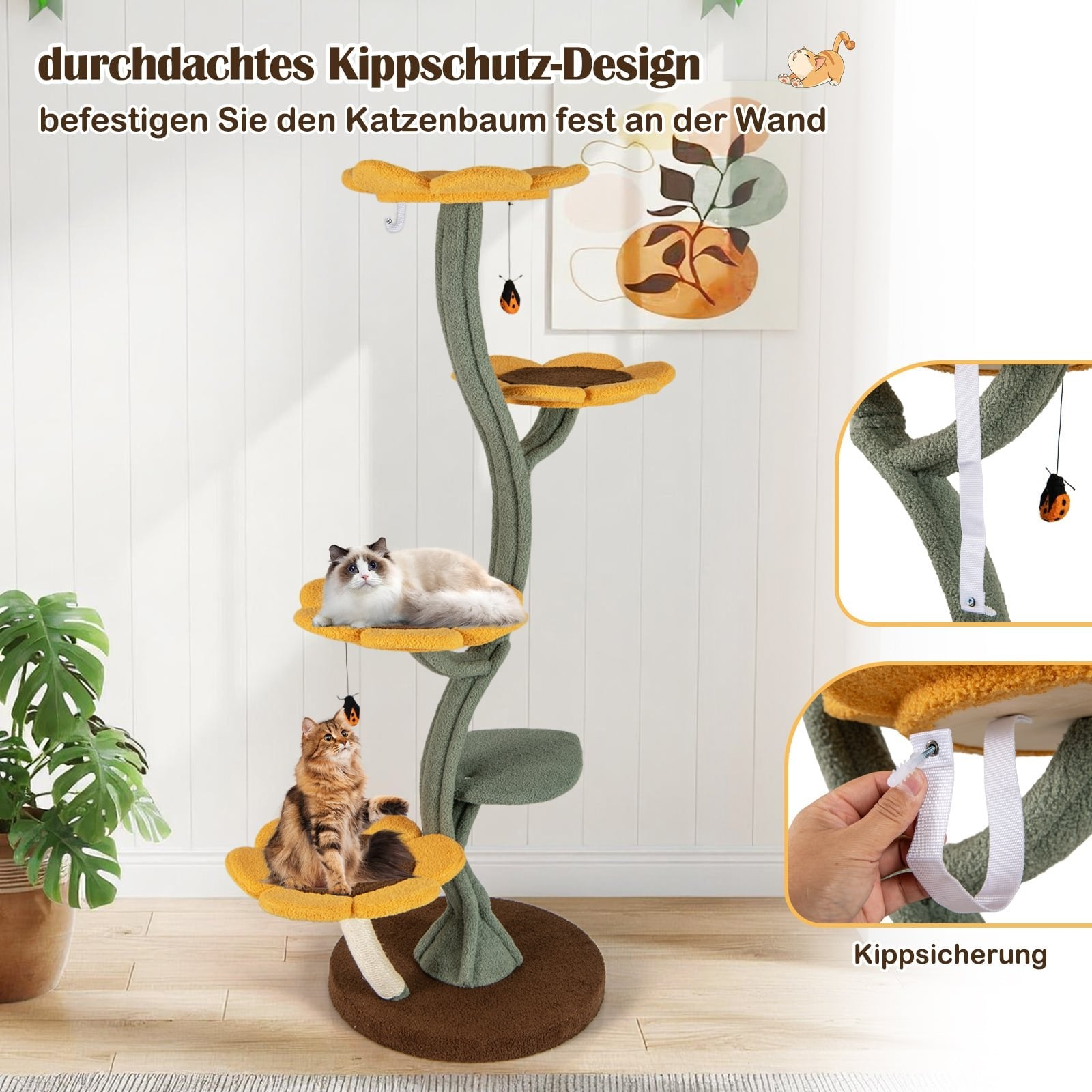 Een groene kattenboom met gele plateaus en twee katten.