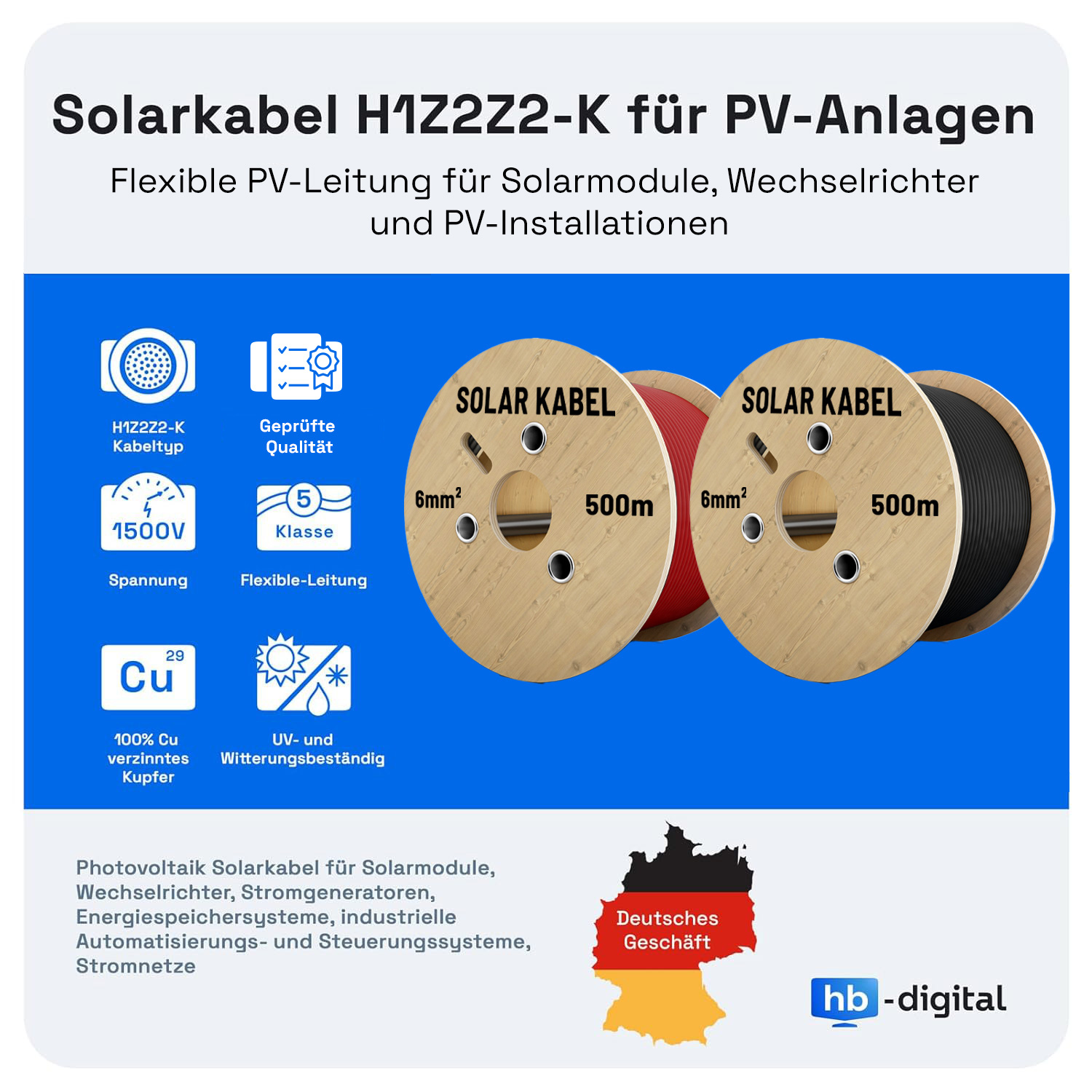Zwei Kabeltrommeln mit Solarkabeln: Rot und Schwarz. Spezifikationen sichtbar.