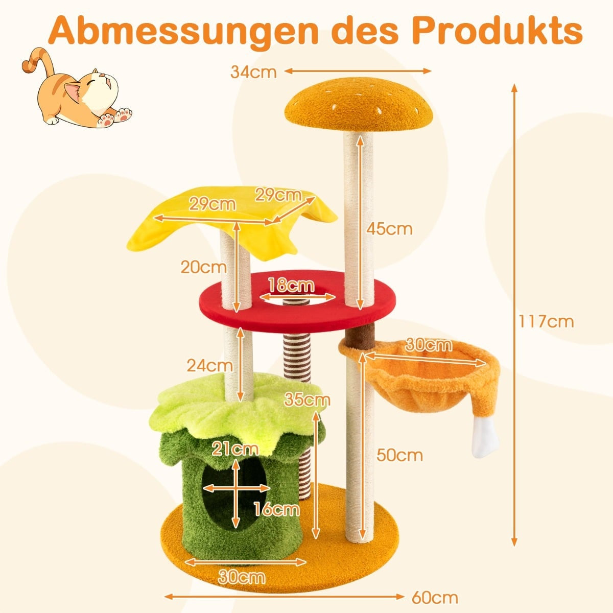 A multi-level cat tree with mushroom and toy details, showing dimensions.