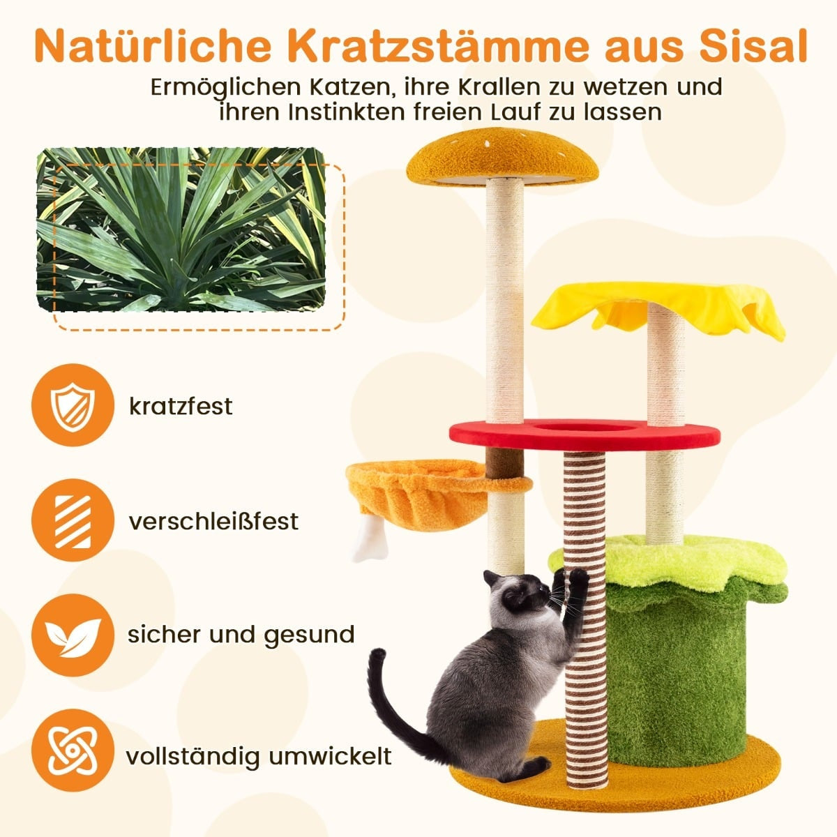 A Siamese cat scratches a sisal cat tree with yellow and red platforms.