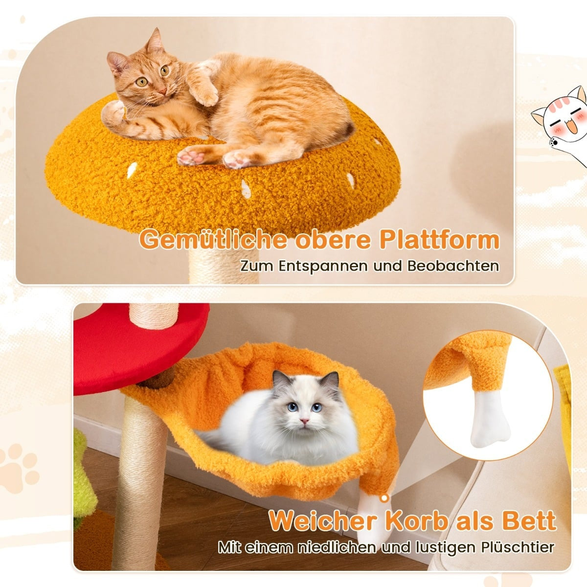 An orange cat rests on a mushroom platform. Below, a cat lies in a basket.