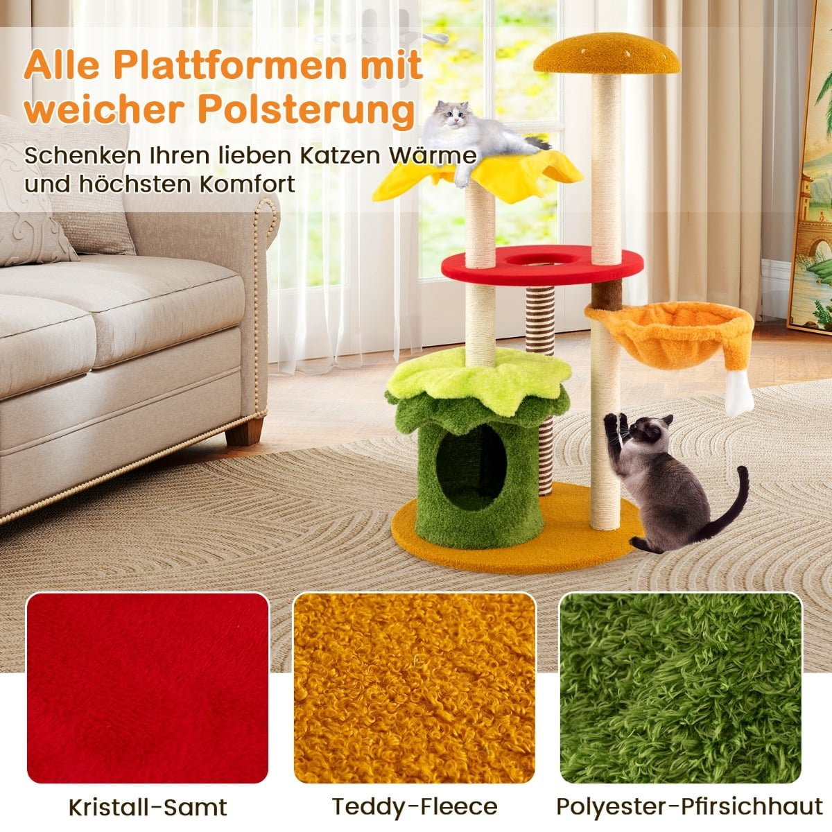 A multi-level cat tree with two cats, fabric samples, and text.