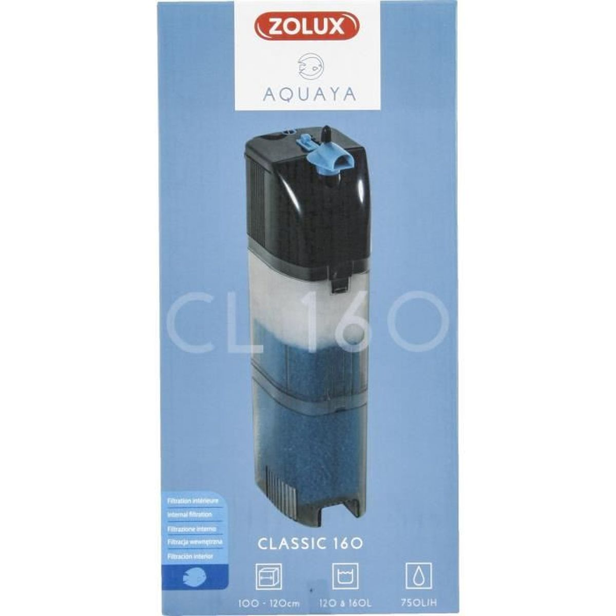 Zolux Aquaya internal filter, CL 160 Classic, blue and black with white accents.