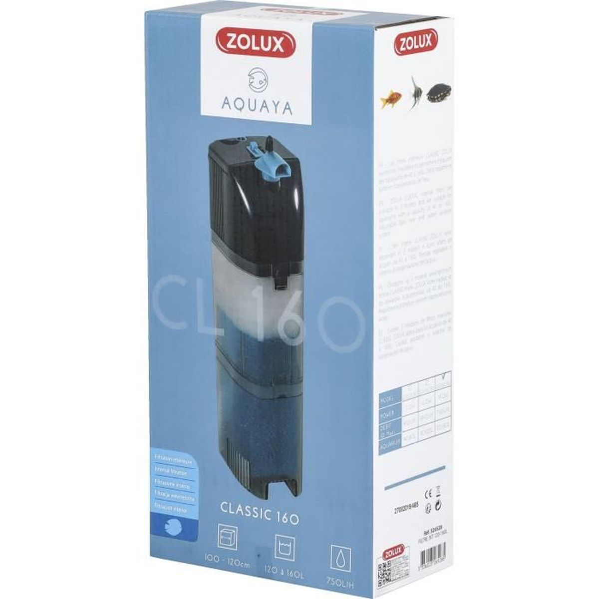 Box for Zolux Aquaya CL 160 filter. Features fish and turtle graphics.